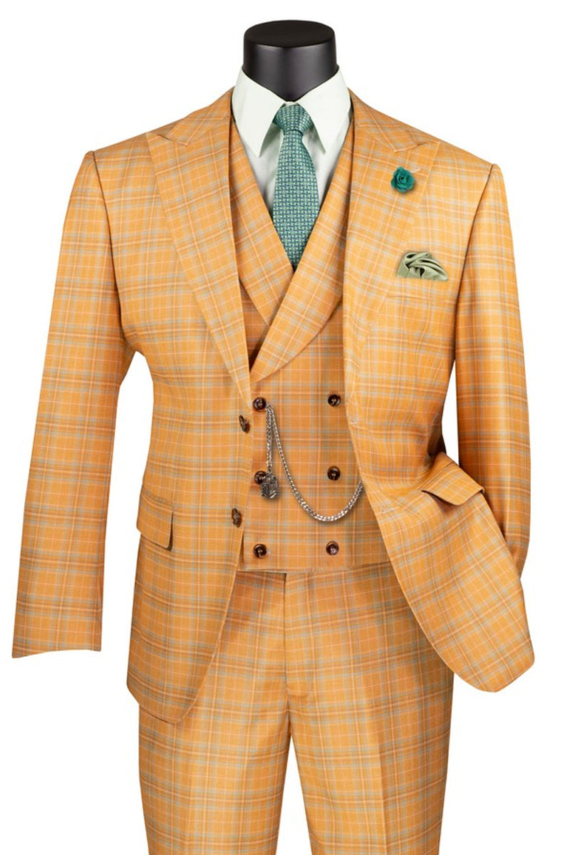 Men’s Summer Windowpane Plaid Suit with Double Breasted Vest in Orange