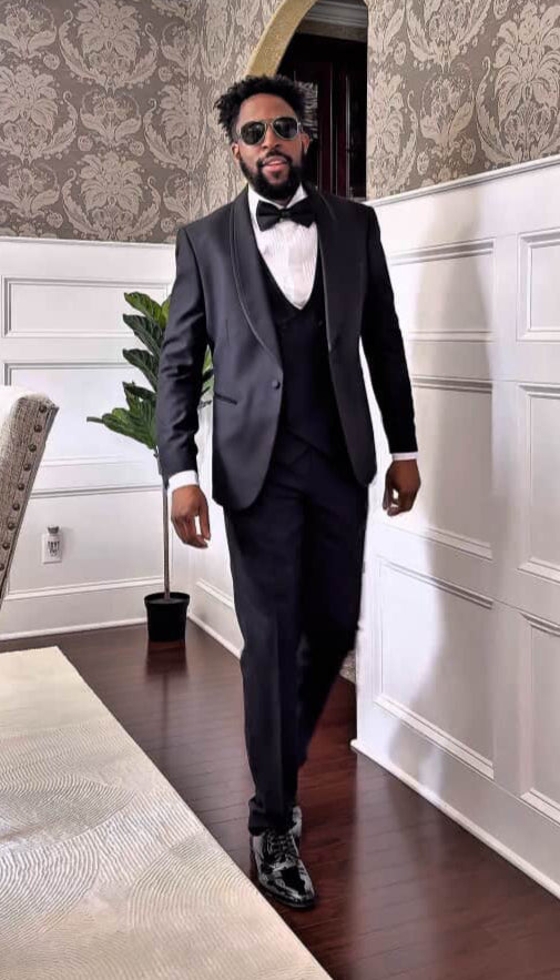 Men’s One Button Vested Shawl Tuxedo in Black Birdseye with Black Satin Trim