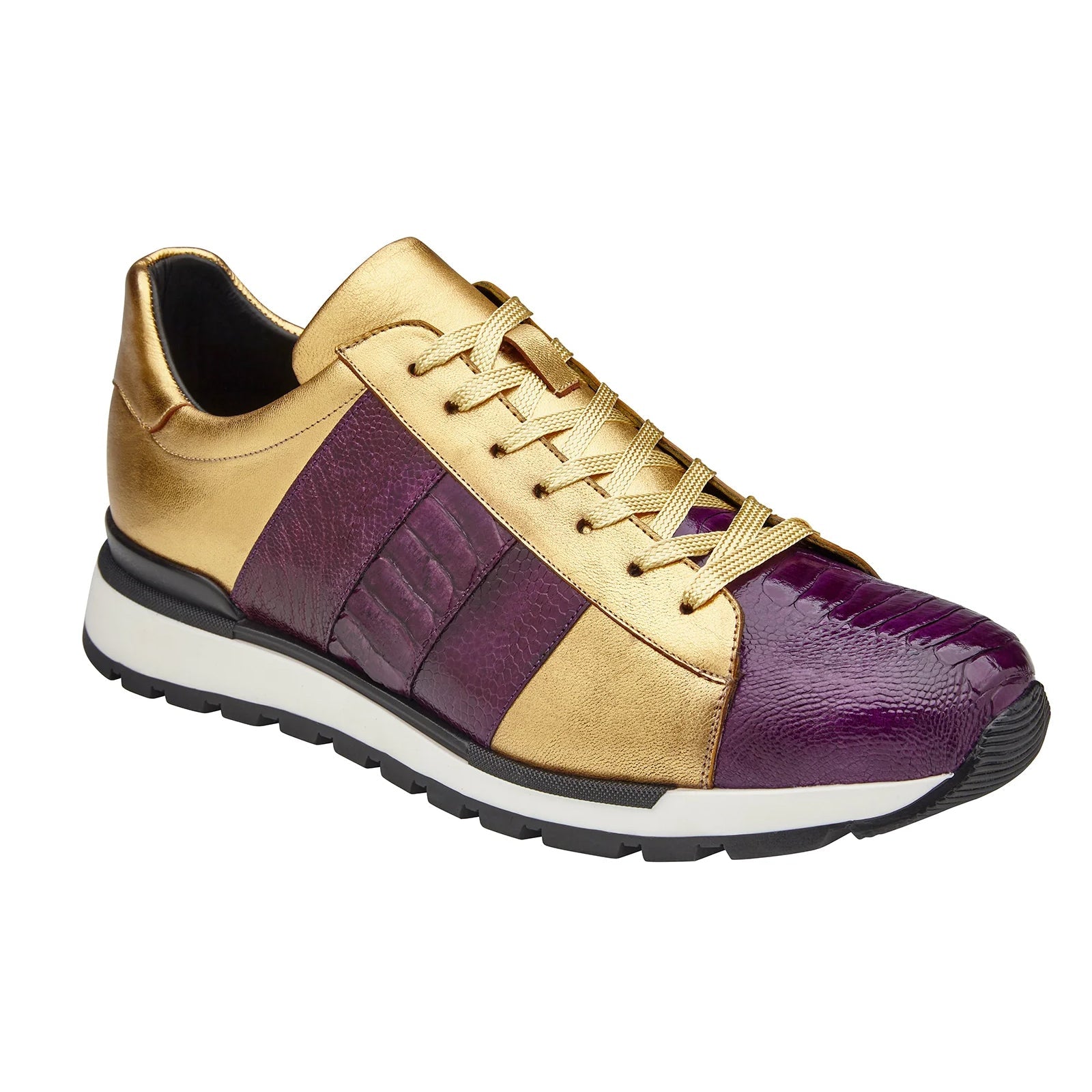 Men’s Belvedere Blake Calf & Ostrich Leg Dress Sneaker in Purple & Gold