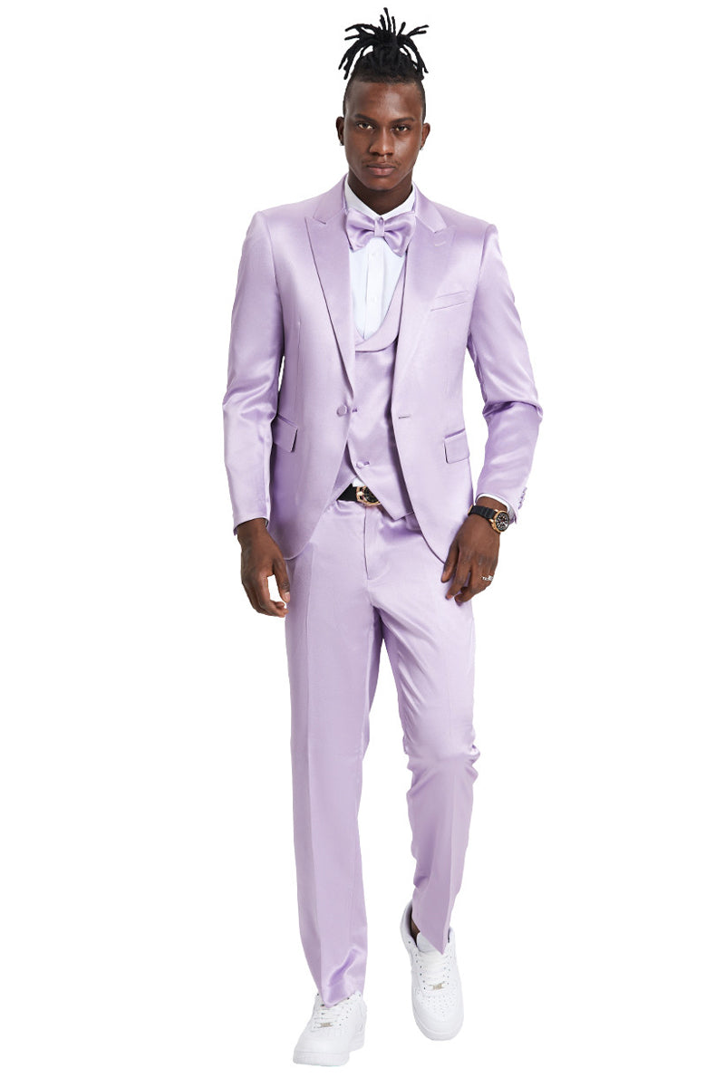 Men’s One Button Vested Shiny Satin Sharkskin Prom & Wedding Party Suit in Lavender