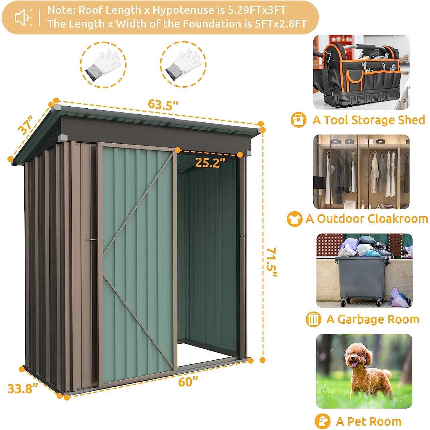 Aoxun 5 x 3 ft Utility Mini Metal Shed without Base, Tool Storage Lean-to Shed with Air Vent and Lockable Door