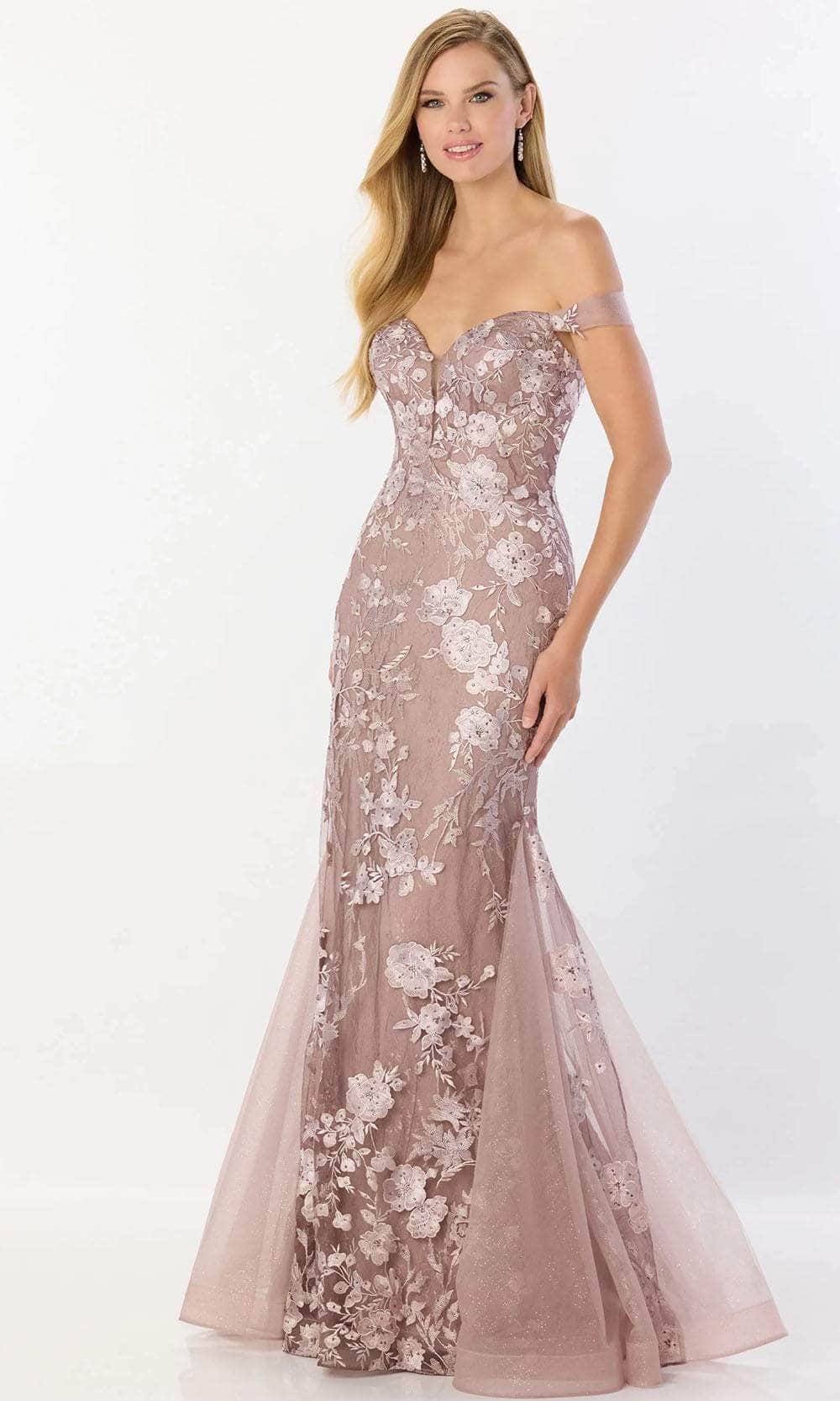 Off-Shoulder Stone Accented Mother of the Bride Dress