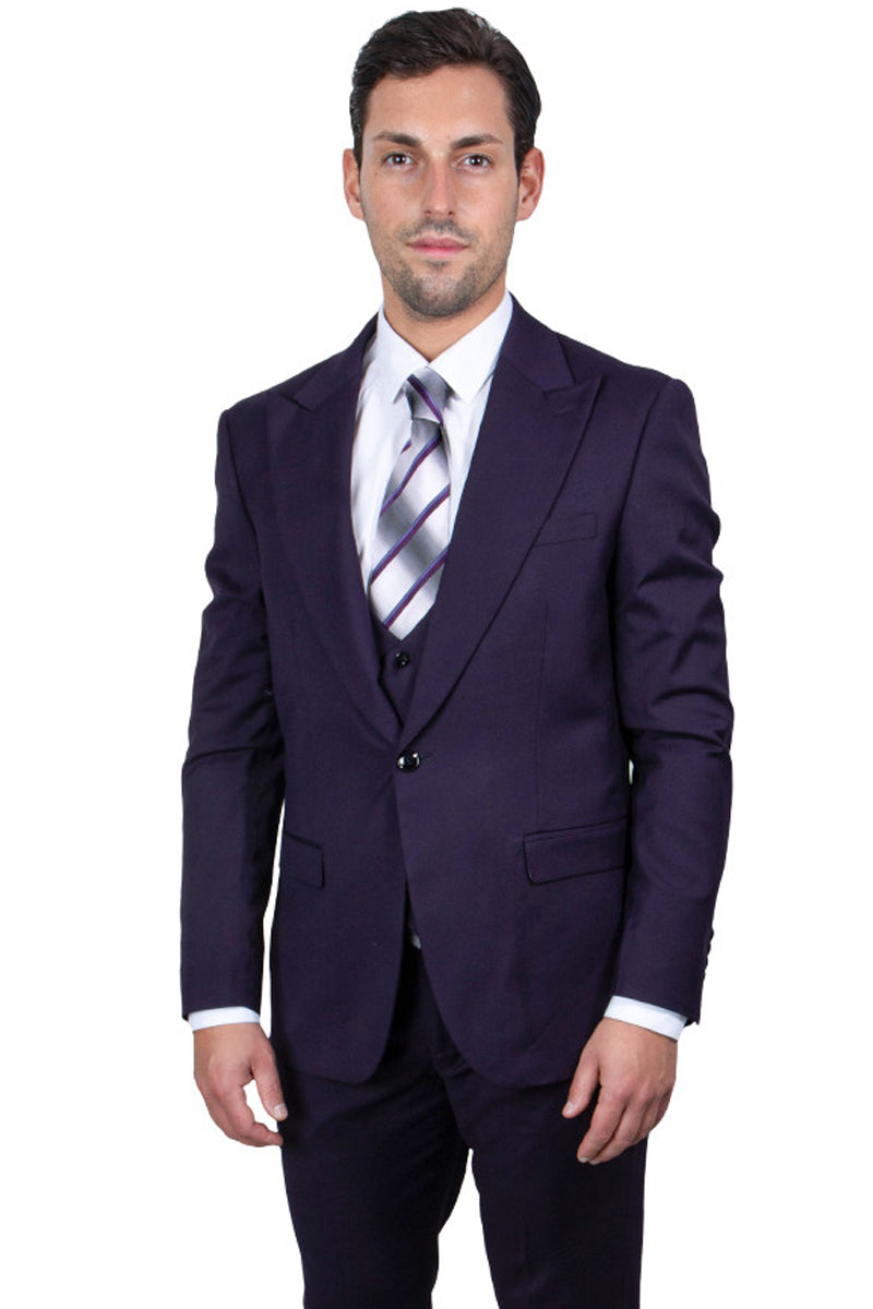 Men’s Vested One Button Peak Lapel Stacy Adams Suit in Eggplant