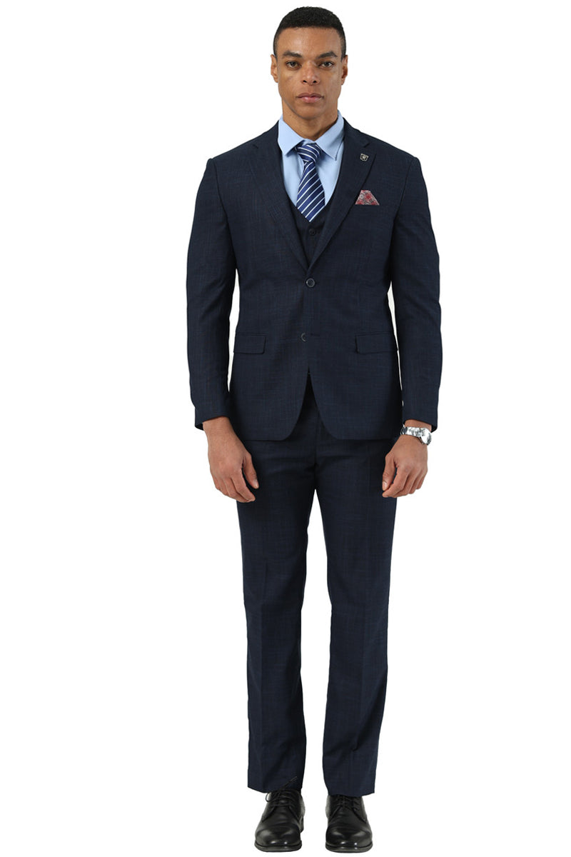 Men’s Designer Stacy Adams Vested Suit in Navy Blue Sharkskin Weave