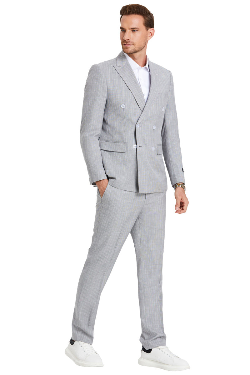 Men’s Slim Fit Double Breasted Summer Pastel Suit in Light Grey Pinstripe