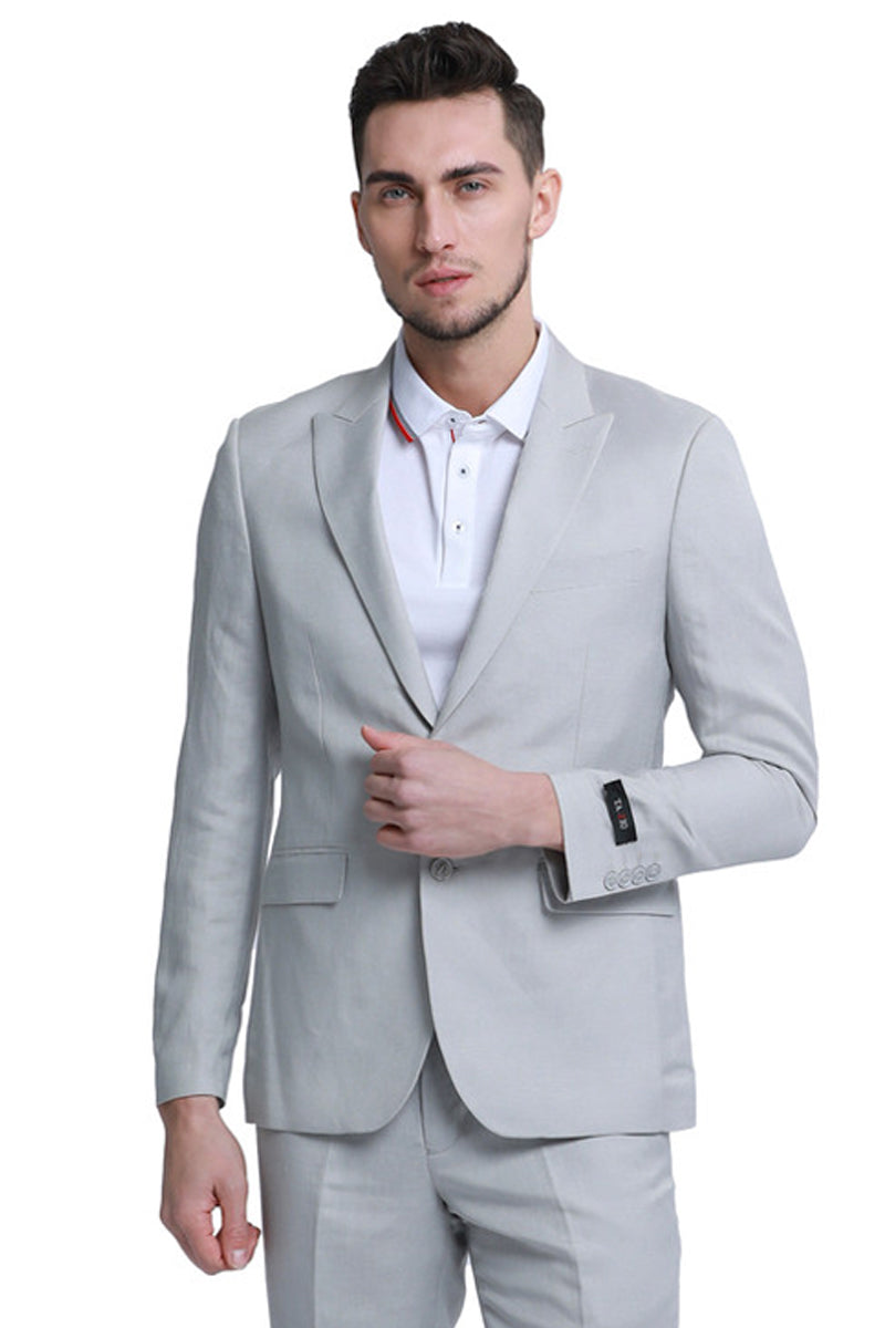 Men’s Two Button Peak Lapel Summer Linen Style Beach Wedding Suit in Light Grey