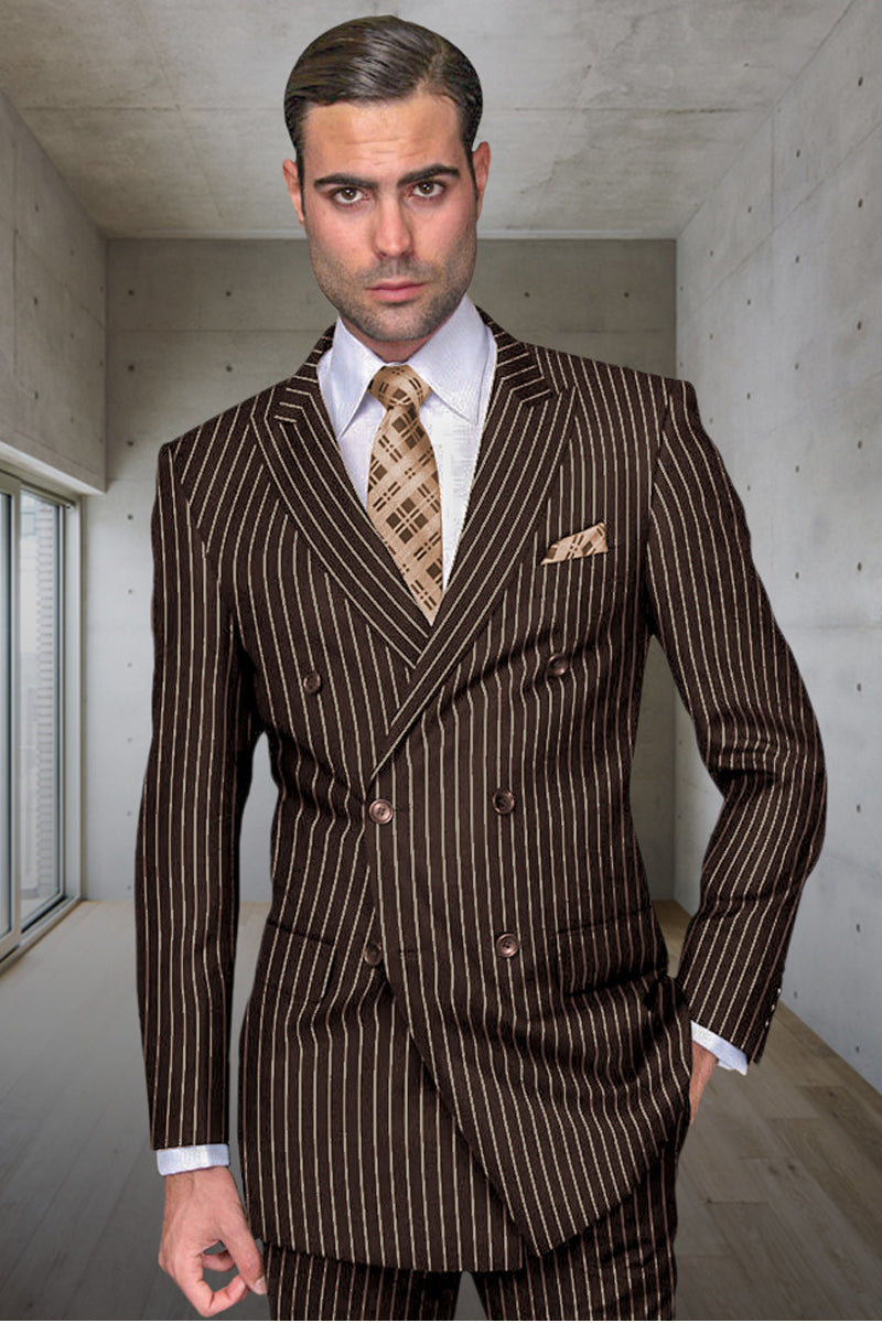 Men’s Designer Double Breasted Wool Suit in Bold Brown Gangster Pinstripe.