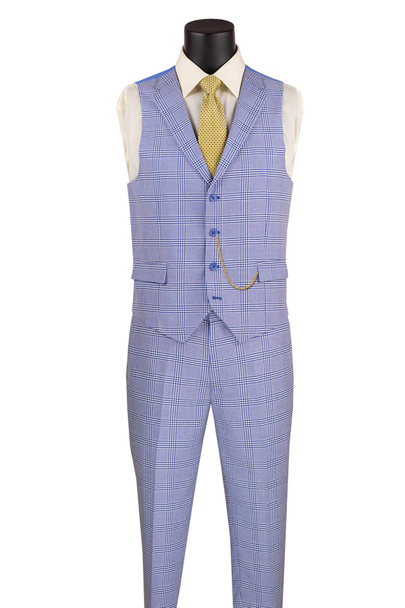 Men’s Slim Fit Vested Glen Plaid Summer Business Suit in Sky Blue