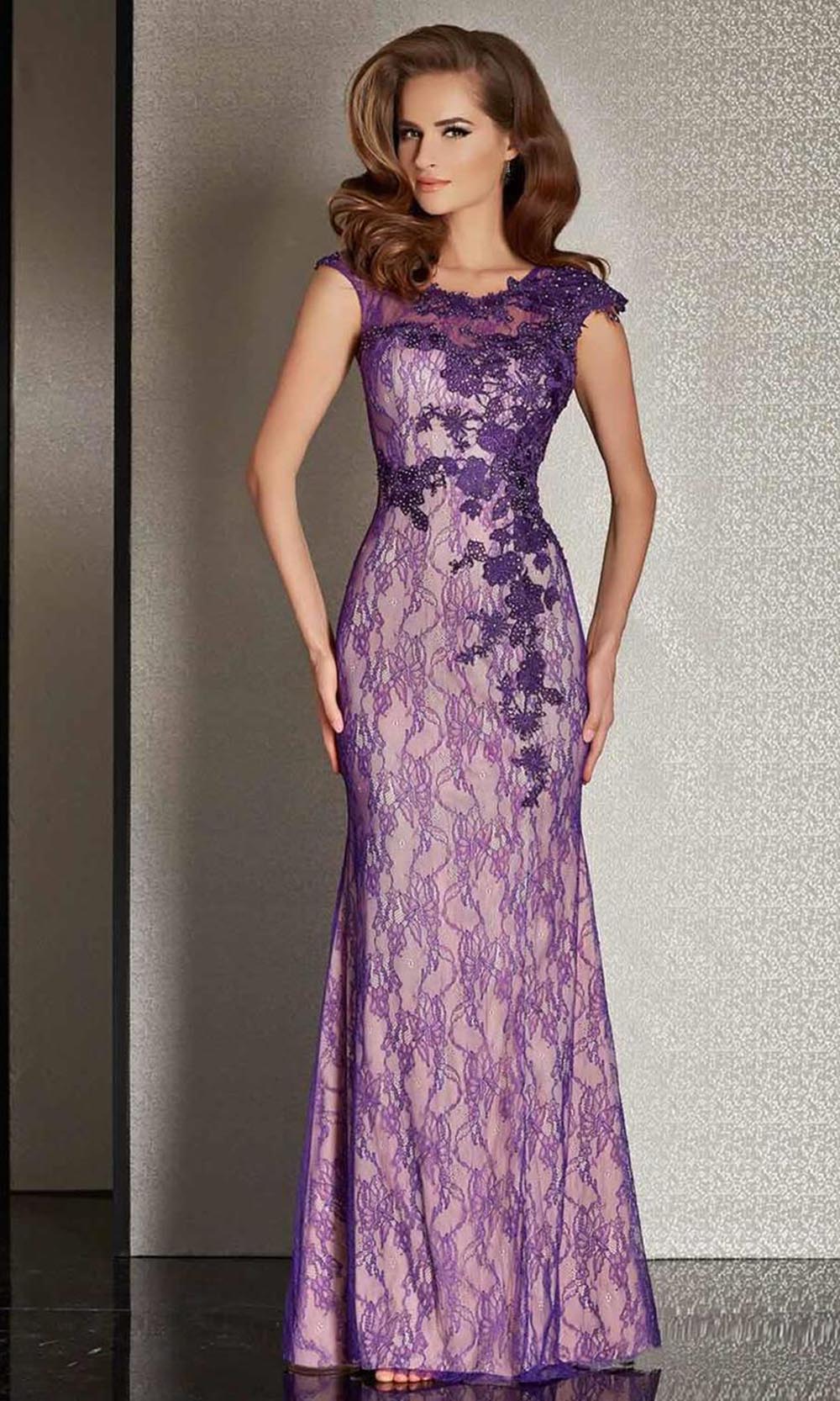 M6236 Sheer Lace Applique Evening Gown