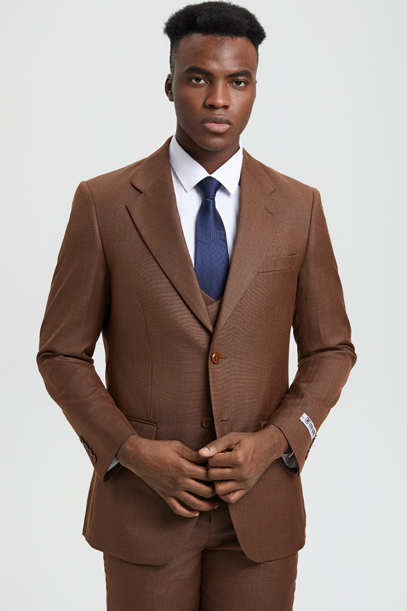 Men’s Two Button Vested Stacy Adams Designer Sharkskin Suit in Cognac