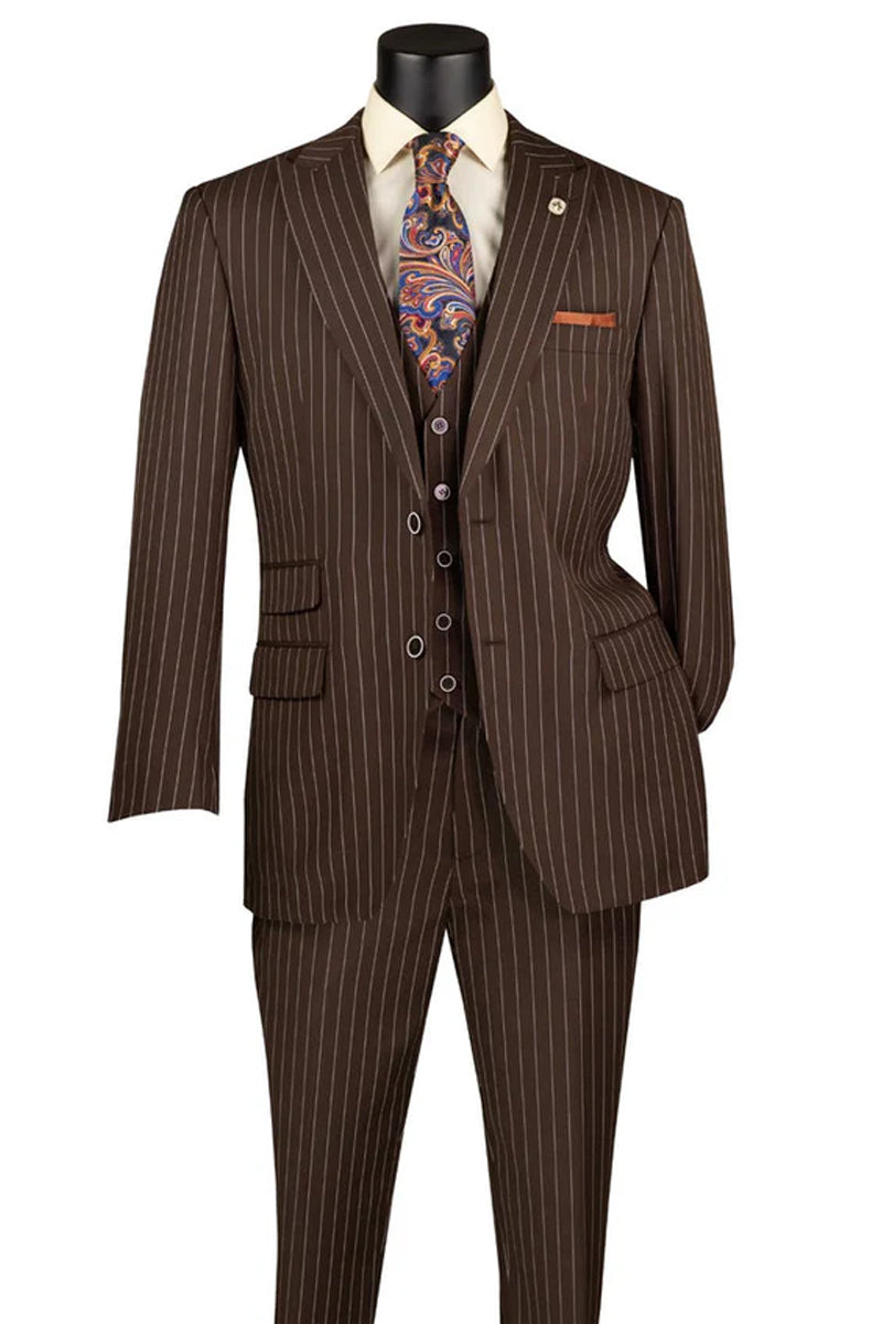 Men’s Vested Bold Gangster Pinstripe Suit in Brown