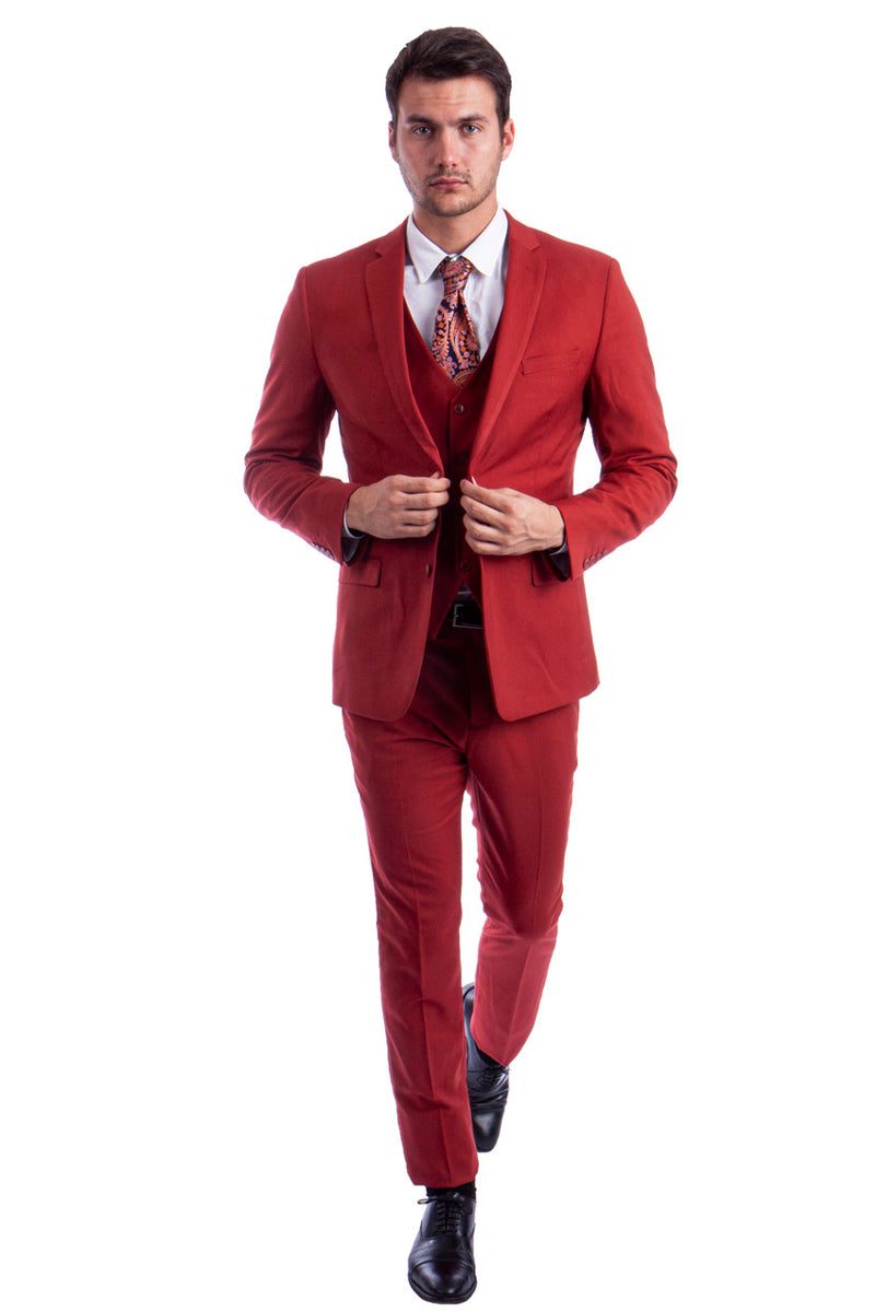 Men’s Two Button Slim Fit Vested Solid Basic Color Suit in Brick