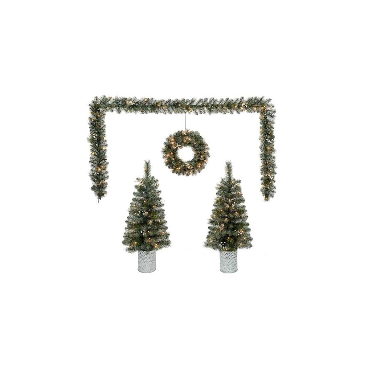 At Home Pre-Lit 5-Piece Frosted Pine Entryway Trees with Garland & Wreath