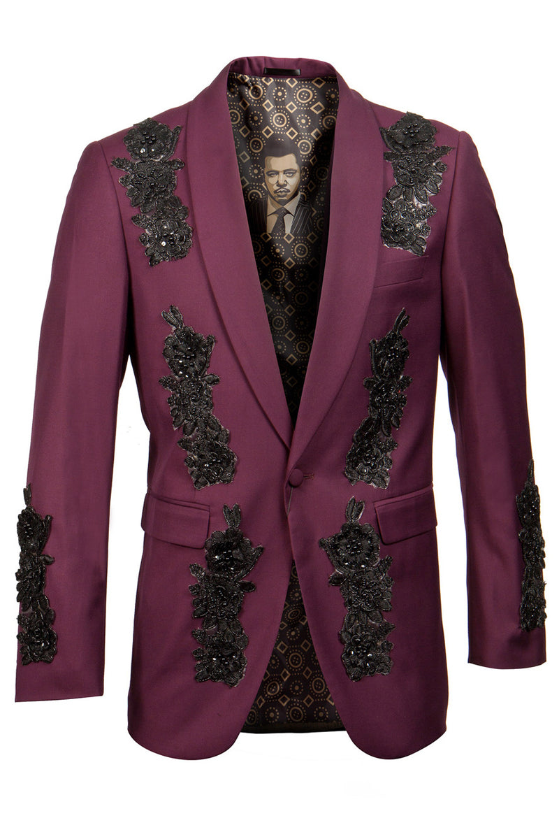 Men’s Shawl Collar Dinner Jacket with Floral Sequin Overlays in Burgundy