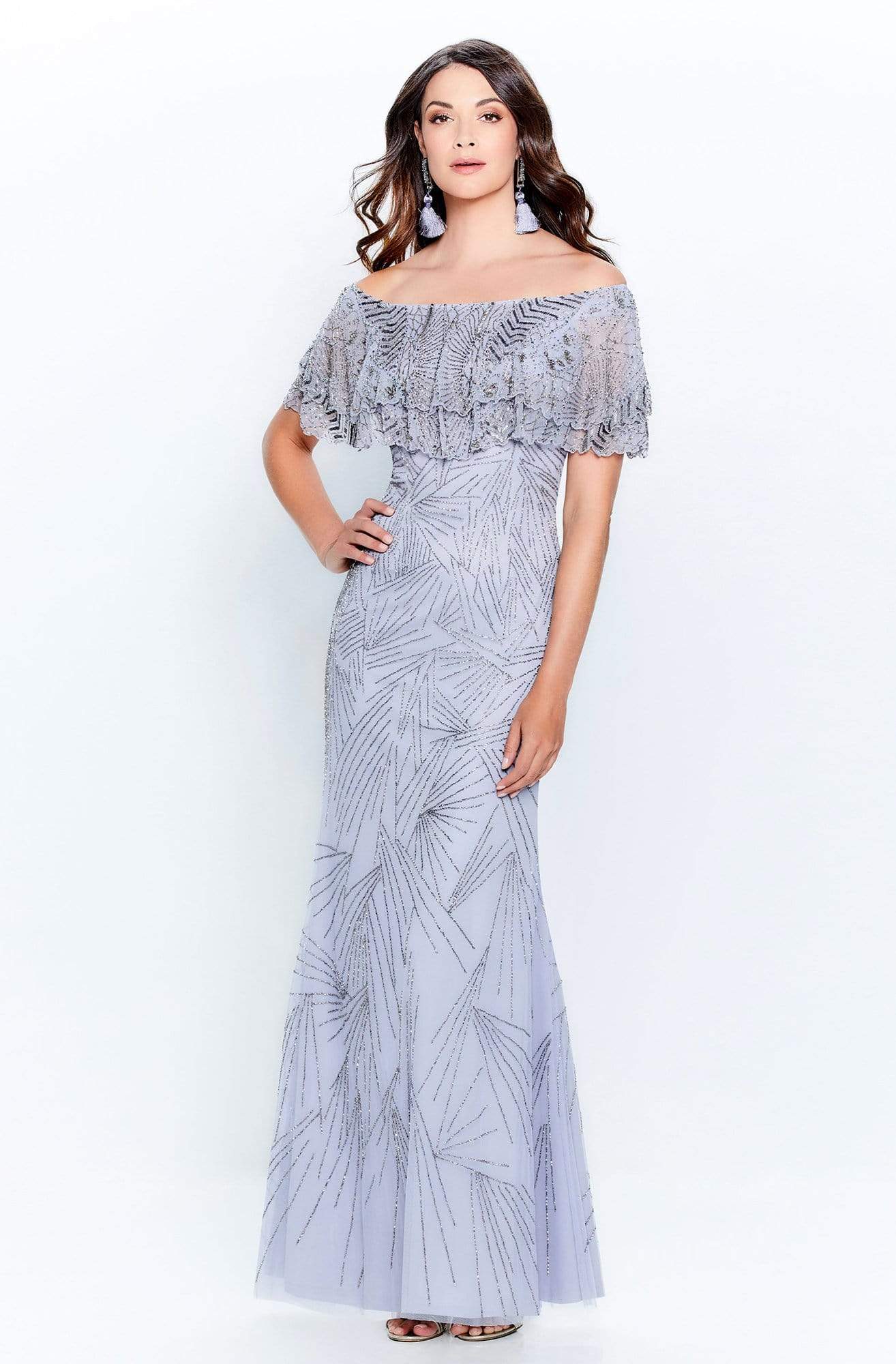 120925 Ruffled Off-Shoulder Sheath Mother of the Groom Dress