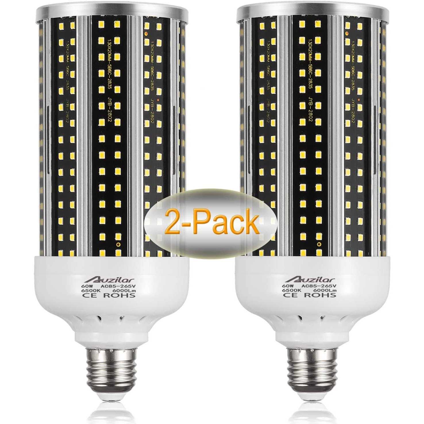 Auzilar 2-PackLED corn light bulb 6000 lumen 6500k 60w large area cool daylight white e26/e27 medium base for Outdoor Indoor Garage