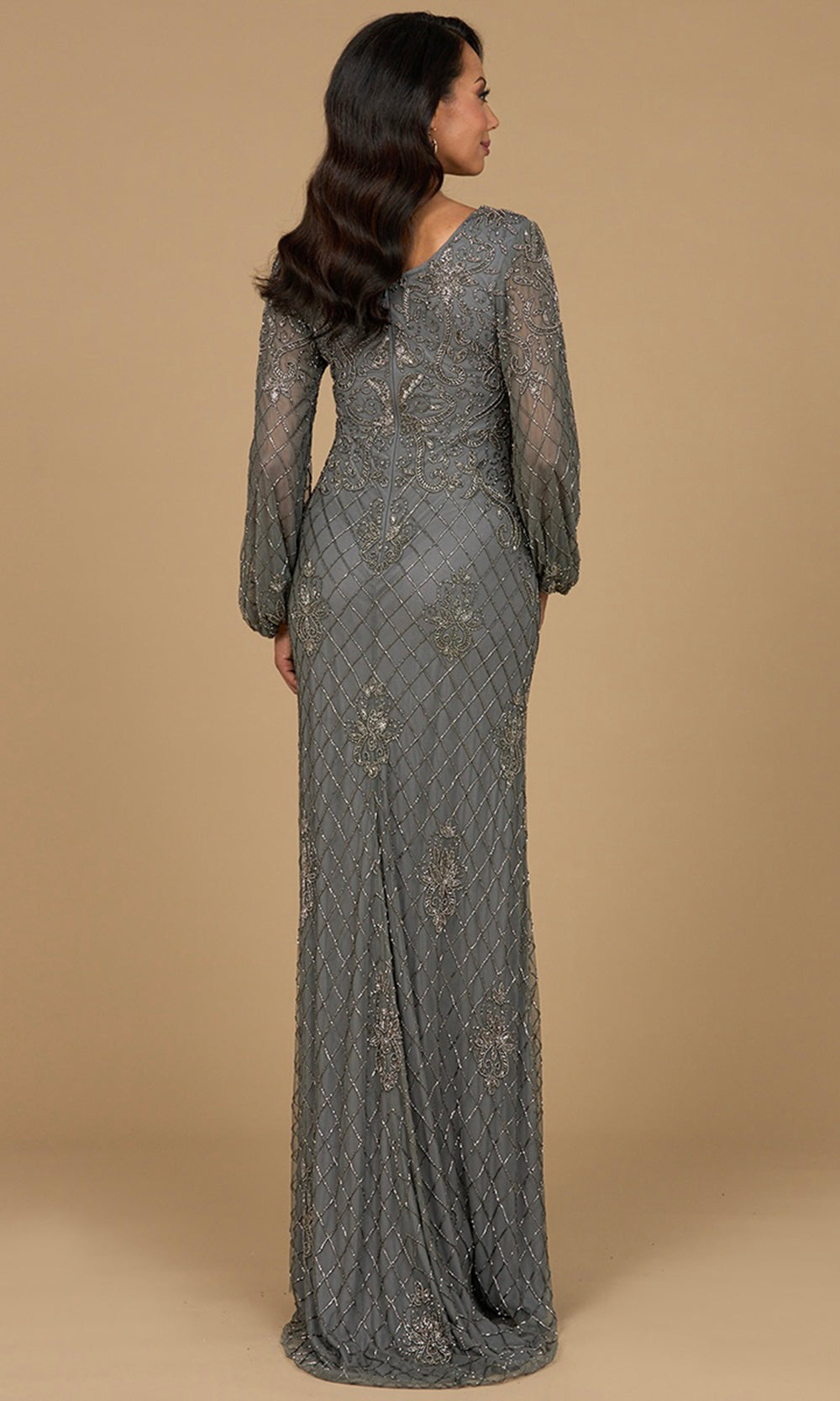 Beaded Lattice Deep V-Neck Formal Dress