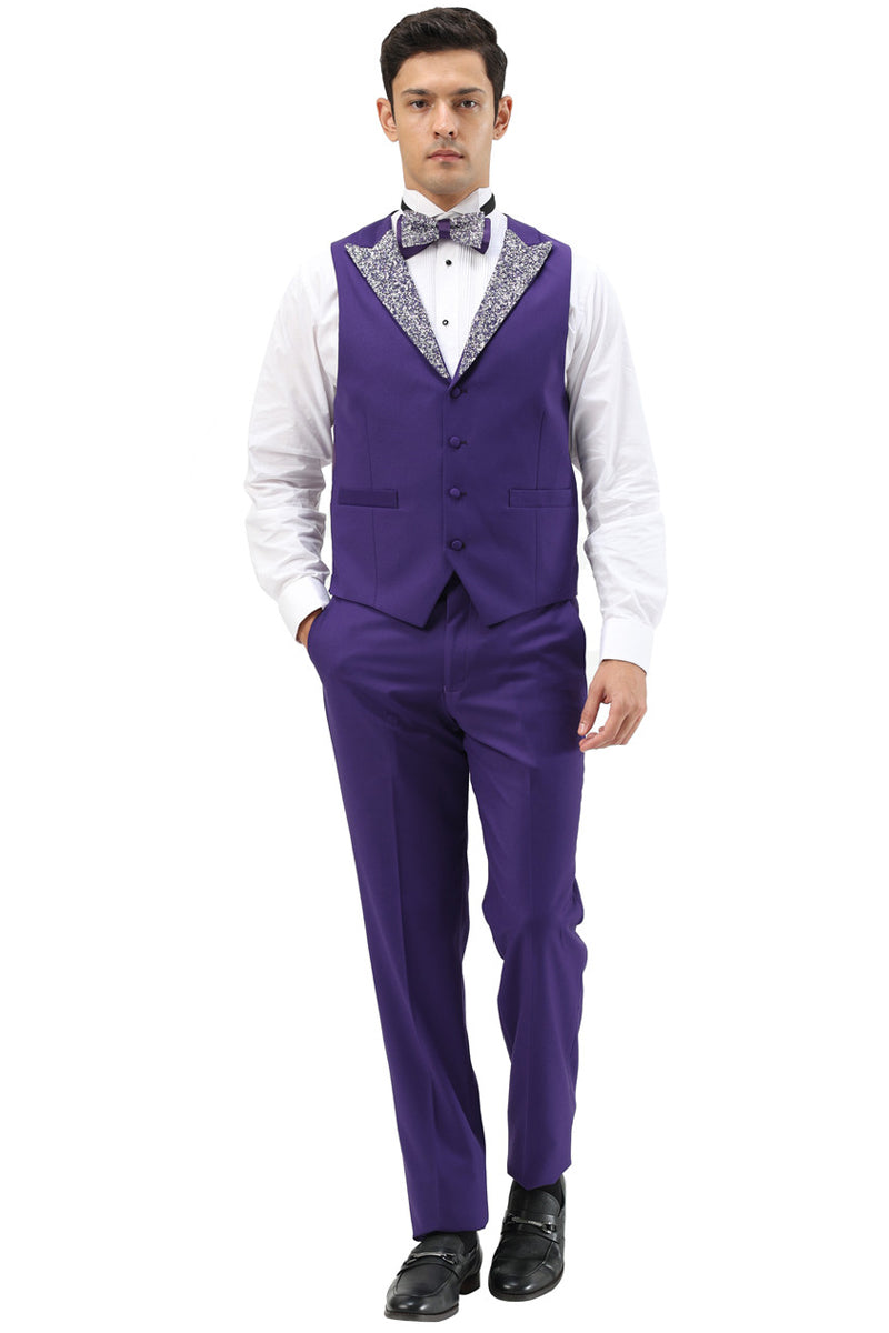 Men’s One Button Rhinestone Peak Lapel Vested Prom Tuxedo in Purple