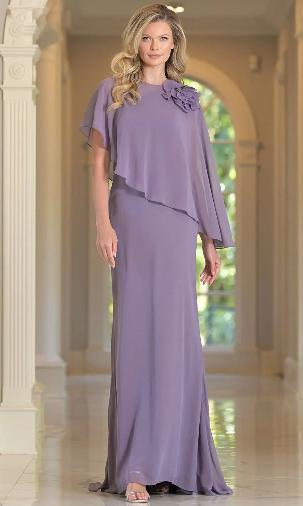 Applique Cape Evening Gown