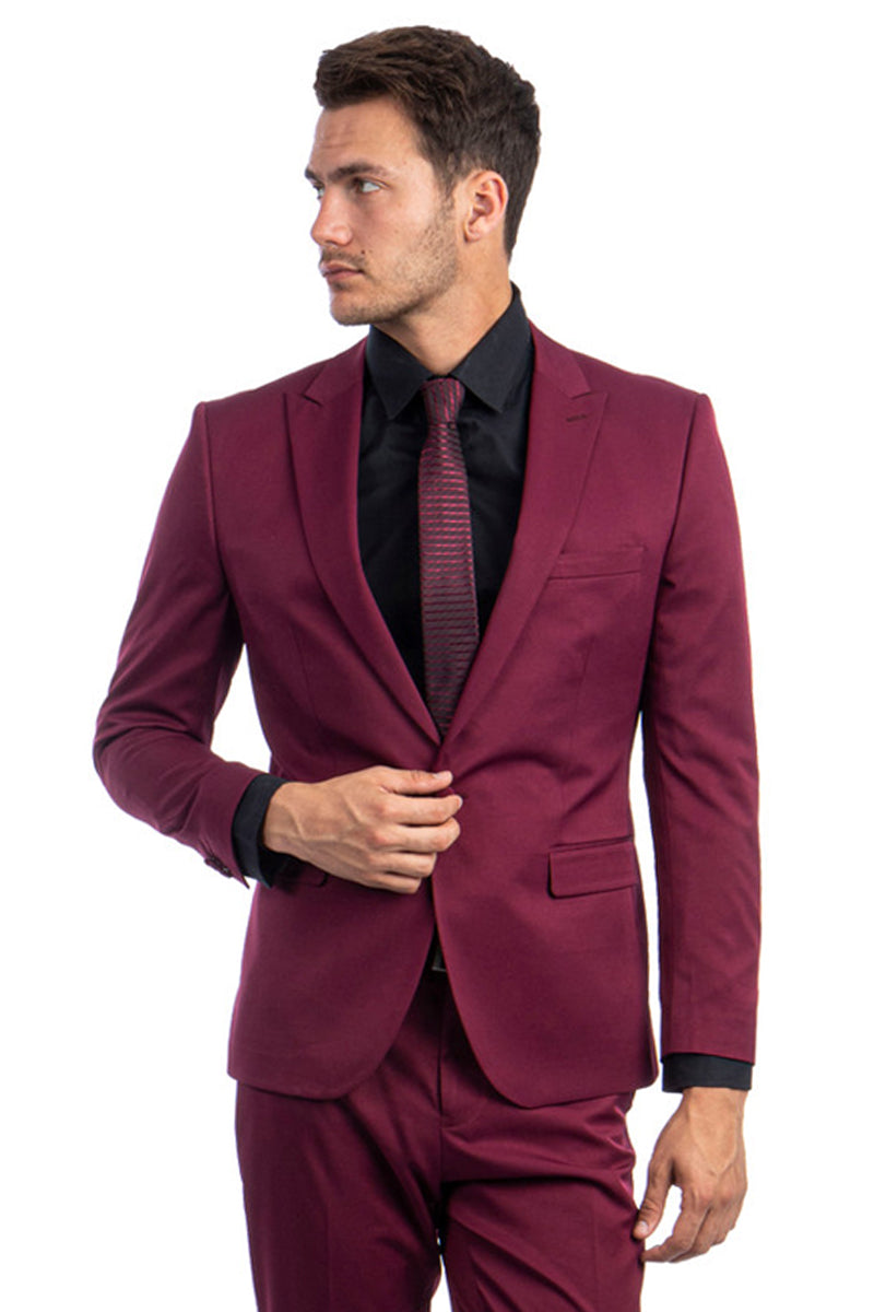 Men’s One Button Peak Lapel Basic Slim Fit Suit in Burgundy