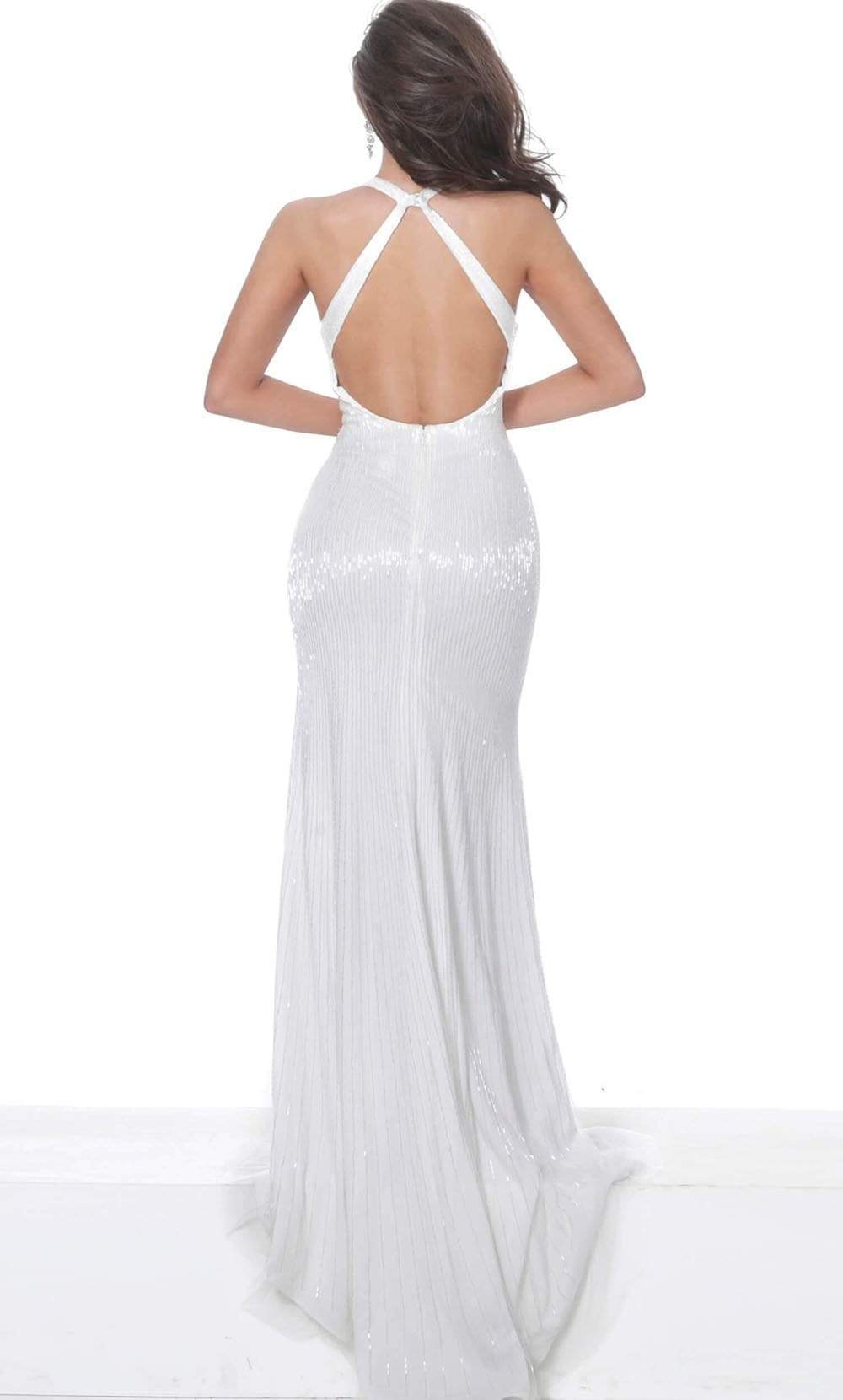 00694 Plunging Neck High Slit Fully Beaded Evening Gown