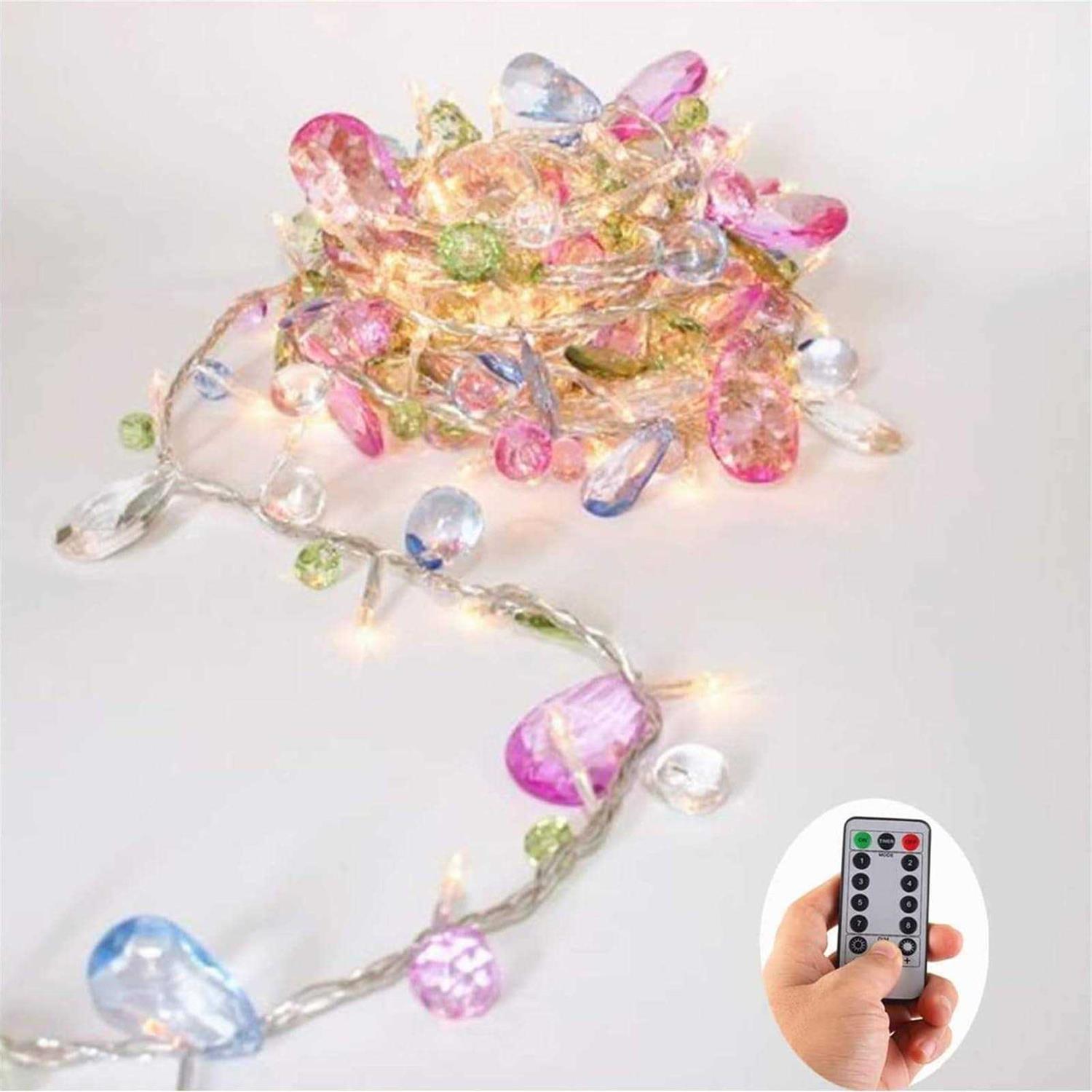 Battery Operated Indoor House String Lights Bohemia Style String with Colorful Jewels Led Fairy Christmas Lights Battery Powered 8 Mode RemoteTimer
