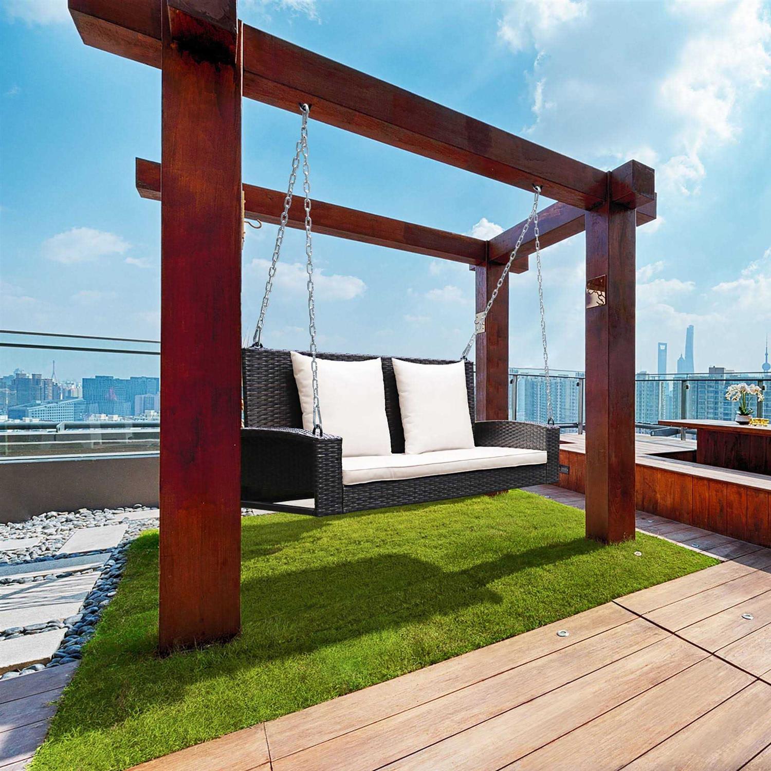 Costway 2-Person Patio Rattan Hanging Porch Swing Bench Chair Cushion