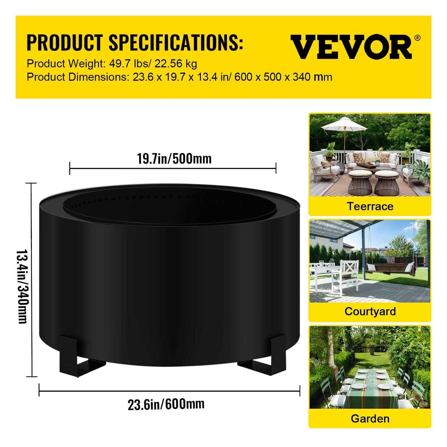 VEVOR Stove Bonfire Carbon Steel Smokeless Fire Pit 23.6-inch Diameter Stove Bonfire Fire Pit Double Wall Design Smokeless Fire Bowl Portable Wood