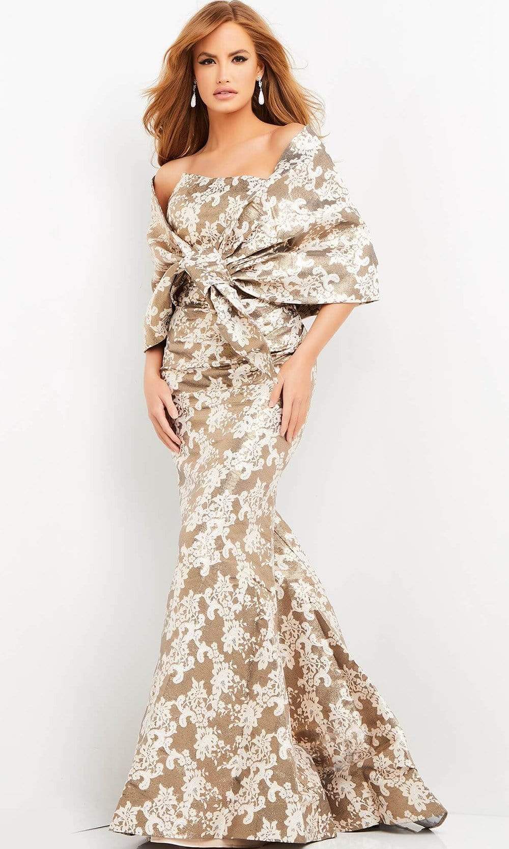 06760 Shawl Draped Floral Mermaid Dress