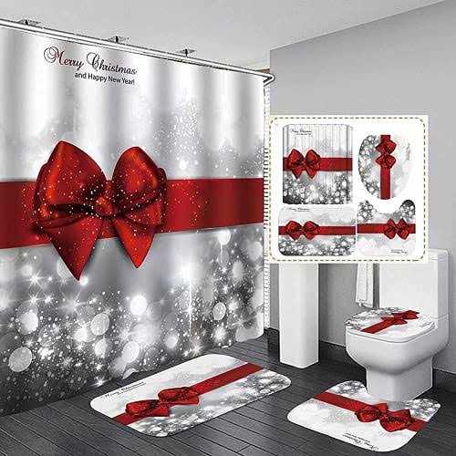 Yddsky 4 Pcs Xmas Element Waterproof Tub Curtains with Bath Rugs