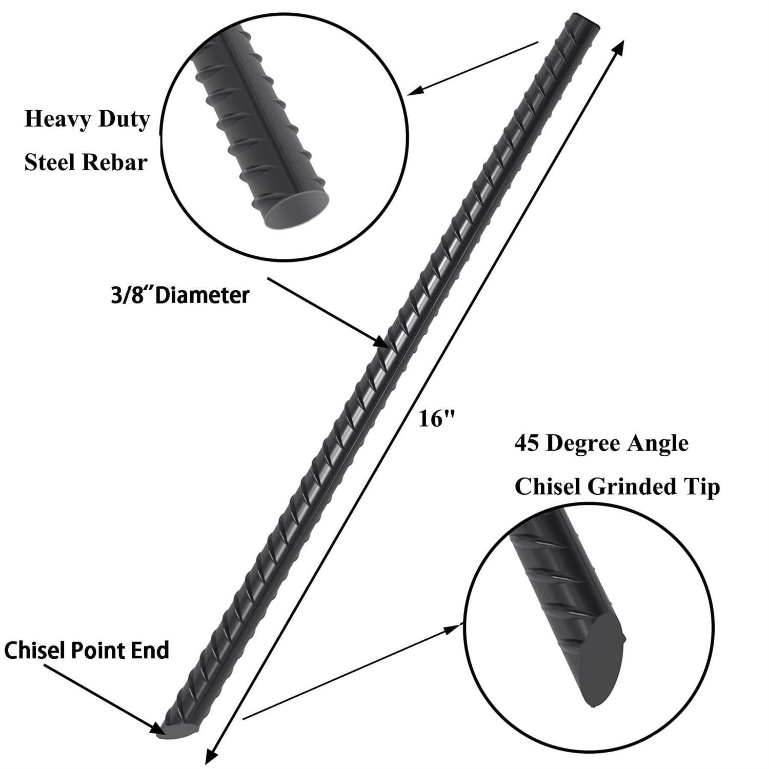 Aagut 16” Rebar Stakes Heavy Duty Ground Anchors Steel Plant Support Garden Stake Metal Straight Camping Tent Spikes with Chisel Point End