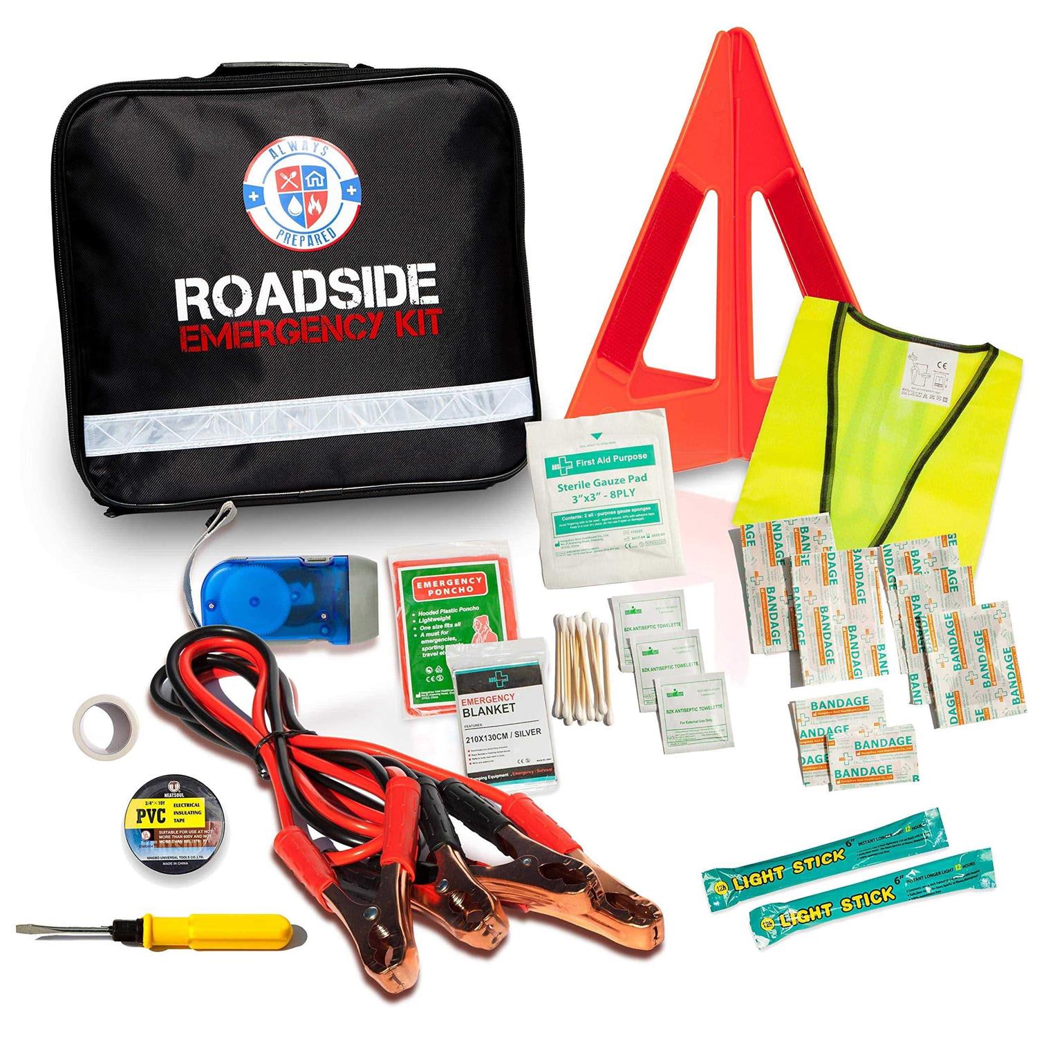 Always Prepared Standard Roadside Emergency Car Kit – with Jumper Cables – All-in-one Auto Safety and First Aid Kit – Travel Safety