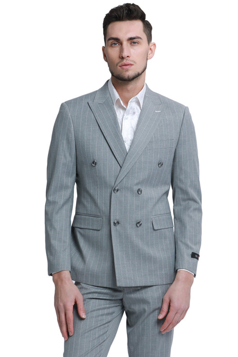 Men’s Slim Fit Double Breasted Bold Gangster Pinstripe Suit in Grey