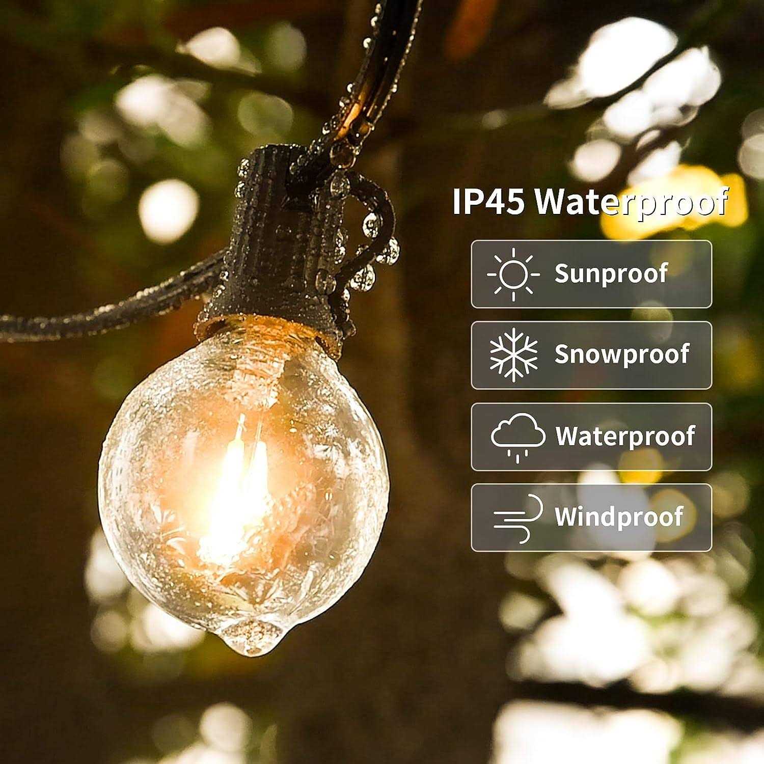 Arbrac 100ft 2-Pack Outdoor String Lights Waterproof with 52 LED Dimmable Shatterproof Bulbs