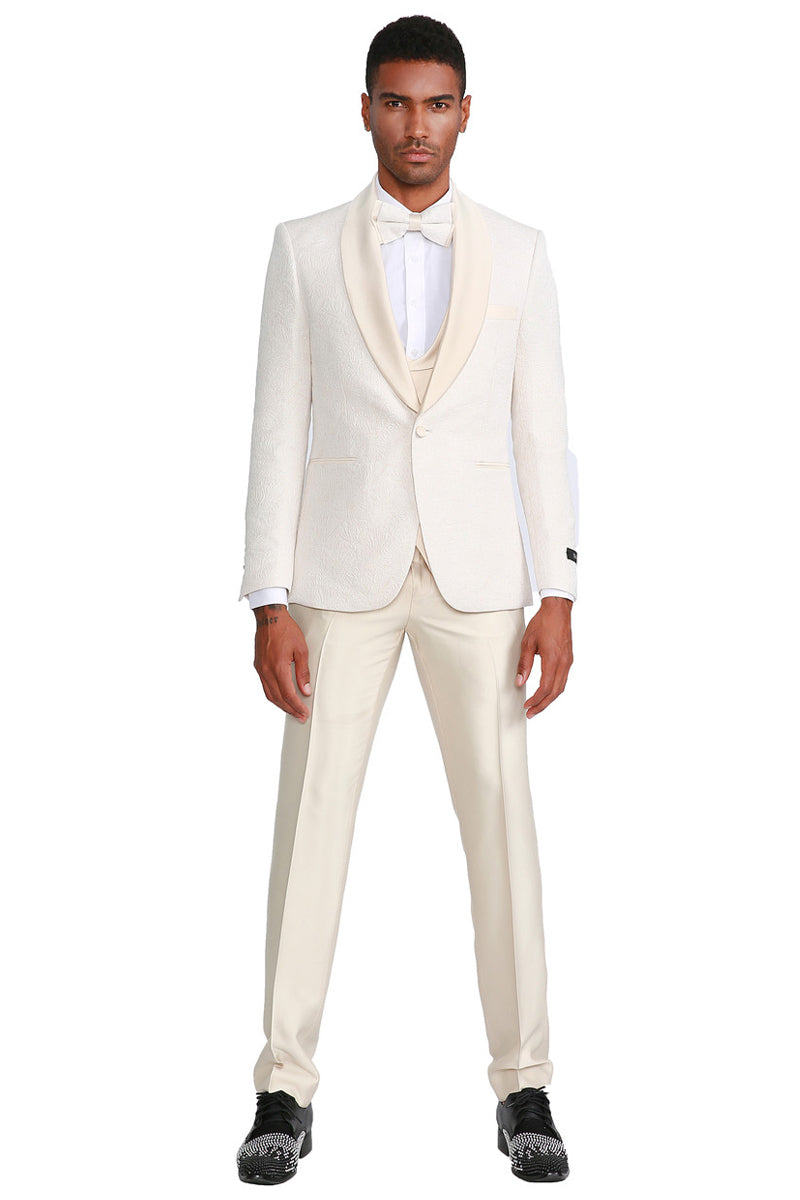 Men’s One Button Vested Paisley Prom & Wedding Tuxedo with Satin Vest and Pants in Ivory