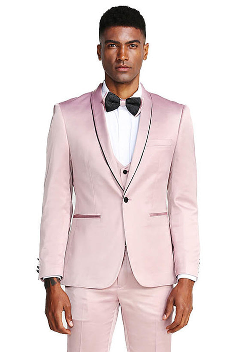 Men’s Slim Fit Vested Shiny Satin Prom & Wedding Tuxedo Suit in Rose Pink