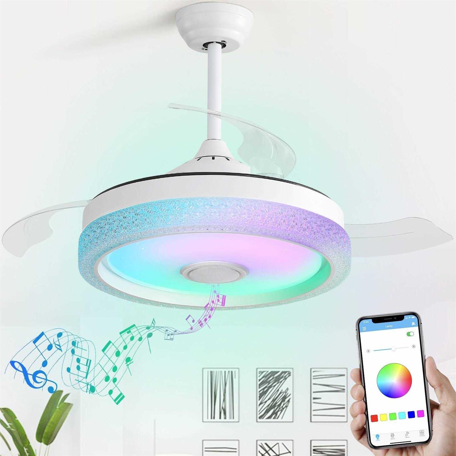 42 Dimmable Retractable Smart Ceiling Fan with LED,APP & Remote Control, RGB Color Changing and Bluetooth Speaker,Kid’s Room