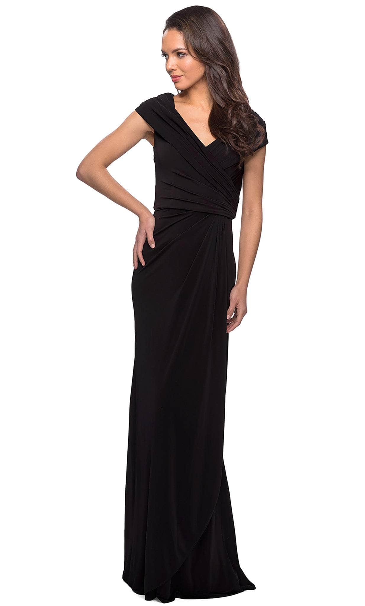 26519 Off Shoulder V Neck Long Sheath Jersey Gown