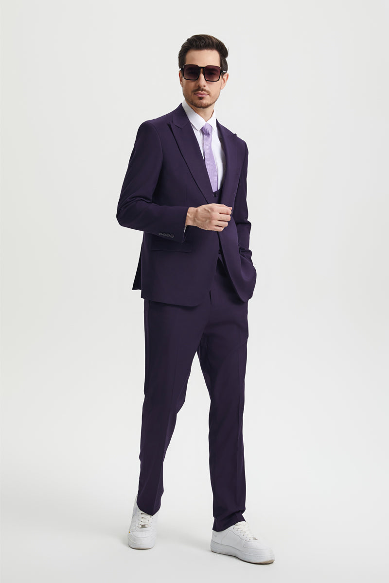 Men’s Vested One Button Peak Lapel Stacy Adams Designer Suit in Eggplant