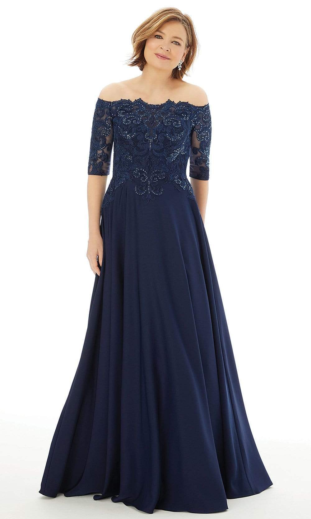 72220 Off Shoulder Embroidered Lace Crepe Gown