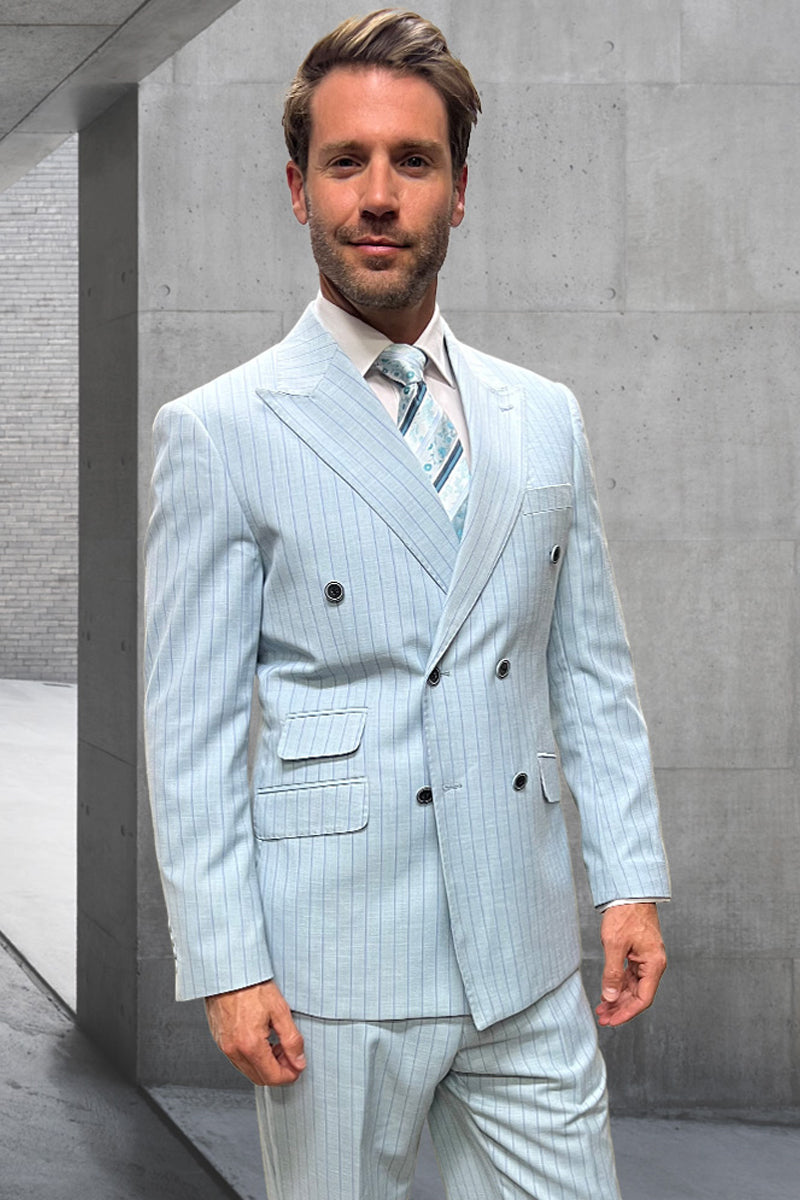 Men’s Designer Double Breasted Summer Wool Suit in Light Aqua Blue Pinstripe