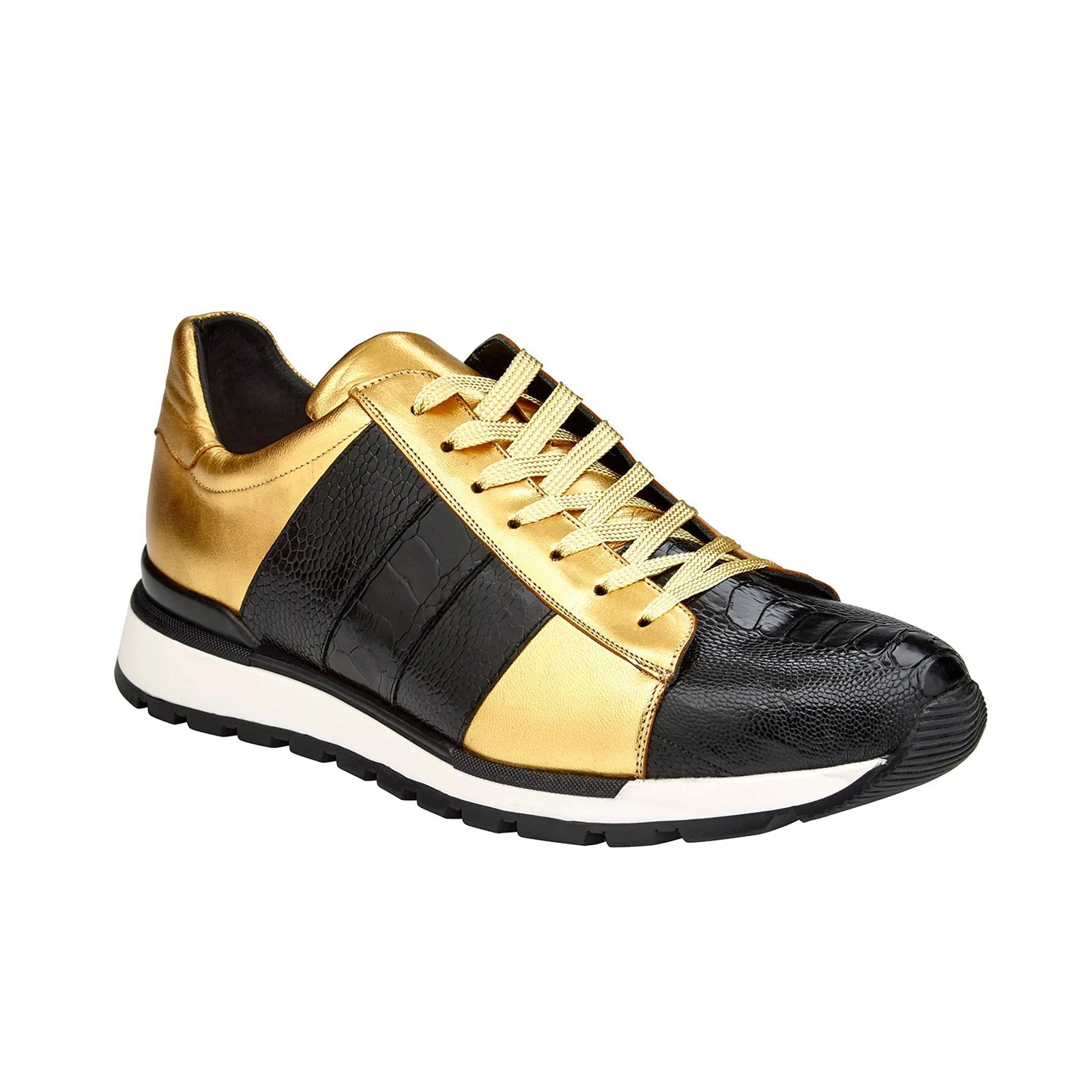 Men’s Belvedere Blake Ostrich Leg & Italian Calf Leather Dress Sneaker in Black & Gold