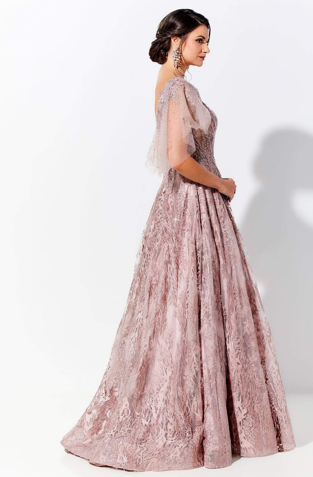 120D10 Embroidered Lace Pleated A-Line Gown