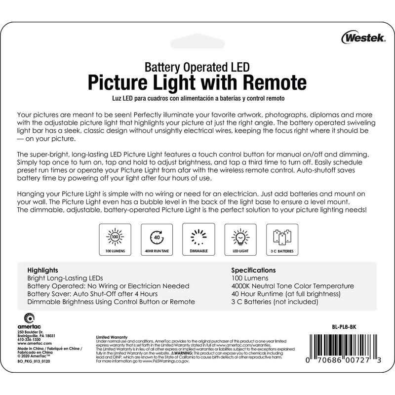 Westek Satin Black 8 in. LED Swivel Picture Light with Remote Control