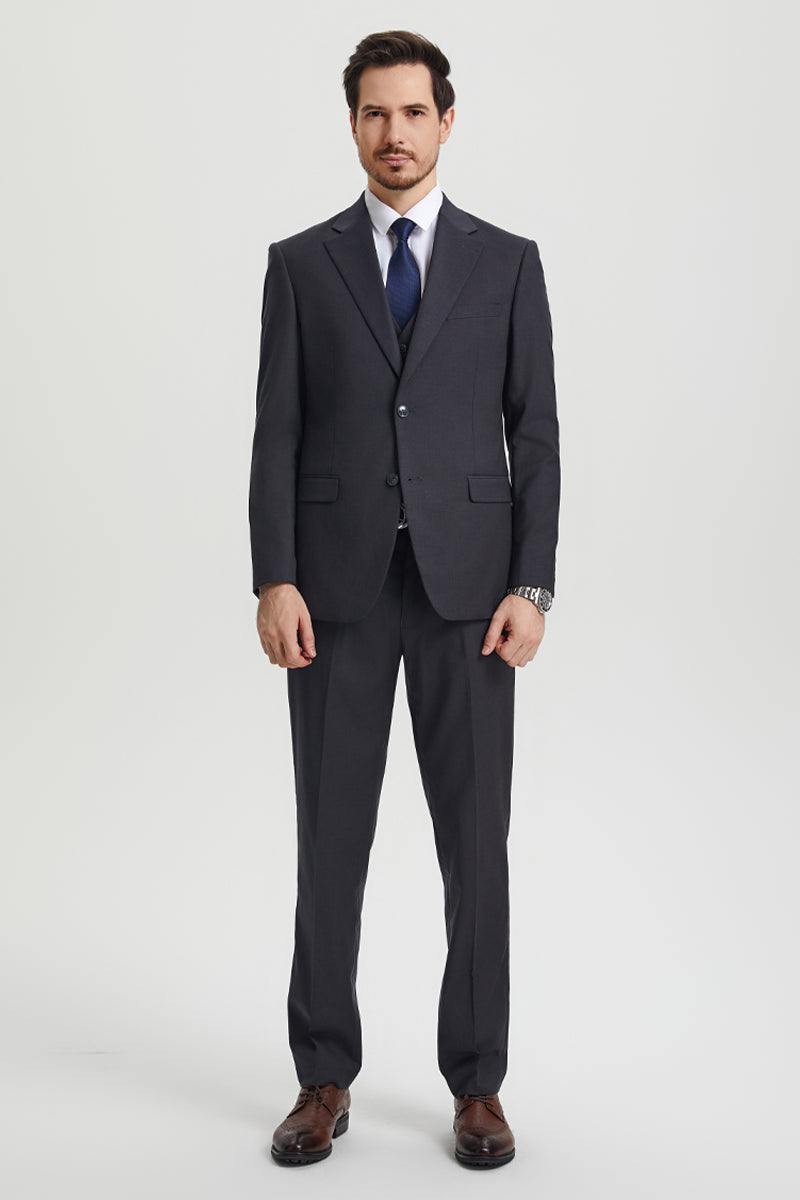 Men’s Two Button Vested Stacy Adams Basic Designer Suit in Charcoal Grey