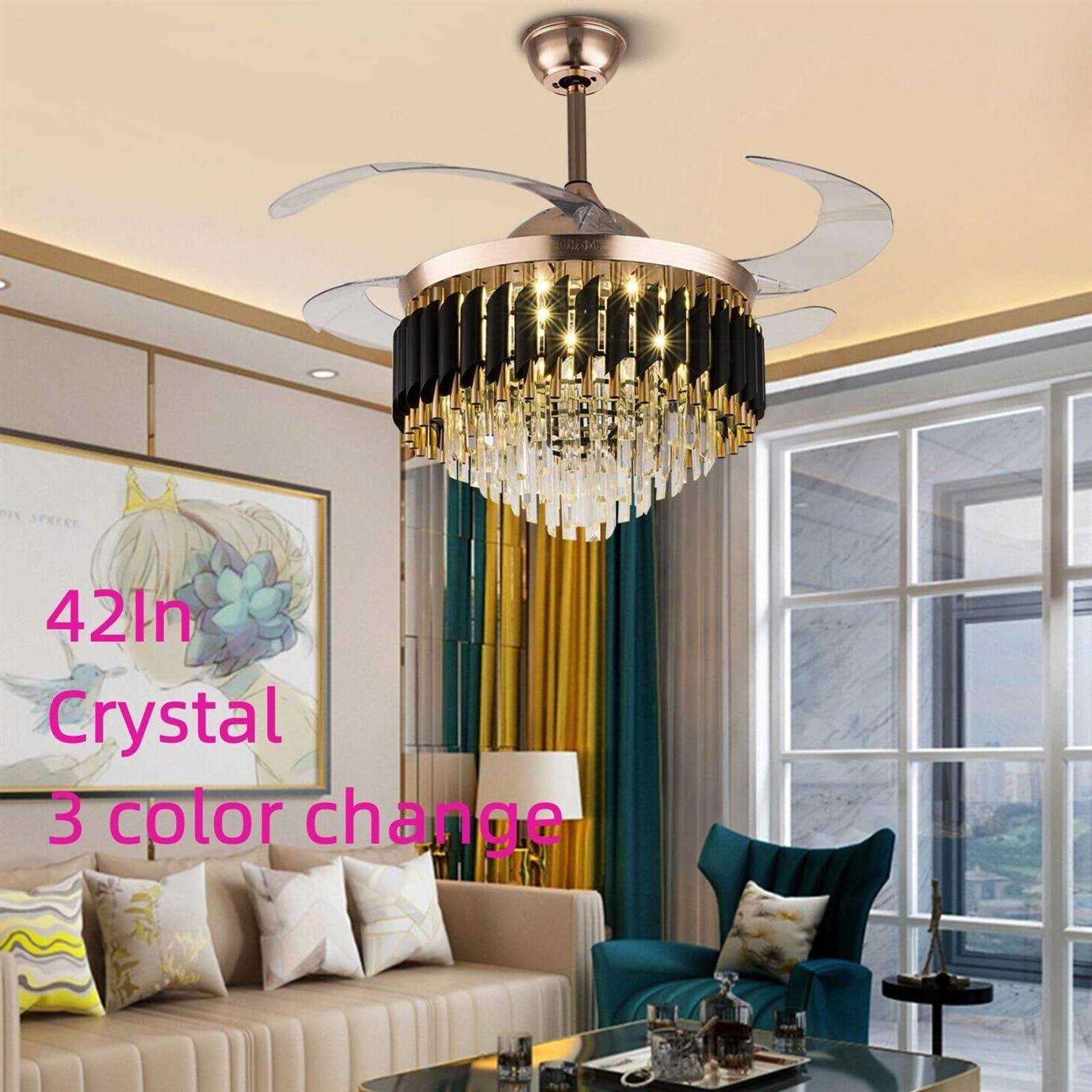 42 Inch 4-Blade Glam Crystal Polished Gold Retractable Ceiling Fan
