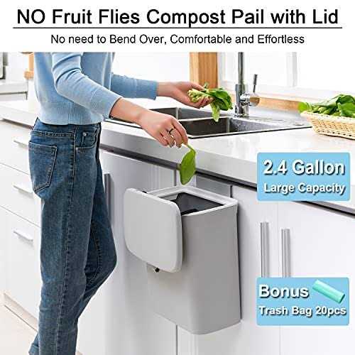 Tiyafuro 2.4 Gallon Kitchen Compost Bin for Counter Top or Under Sink Hanging Small Trash Can with Lid for Cupboard/bathroom/bedroom/office/camping