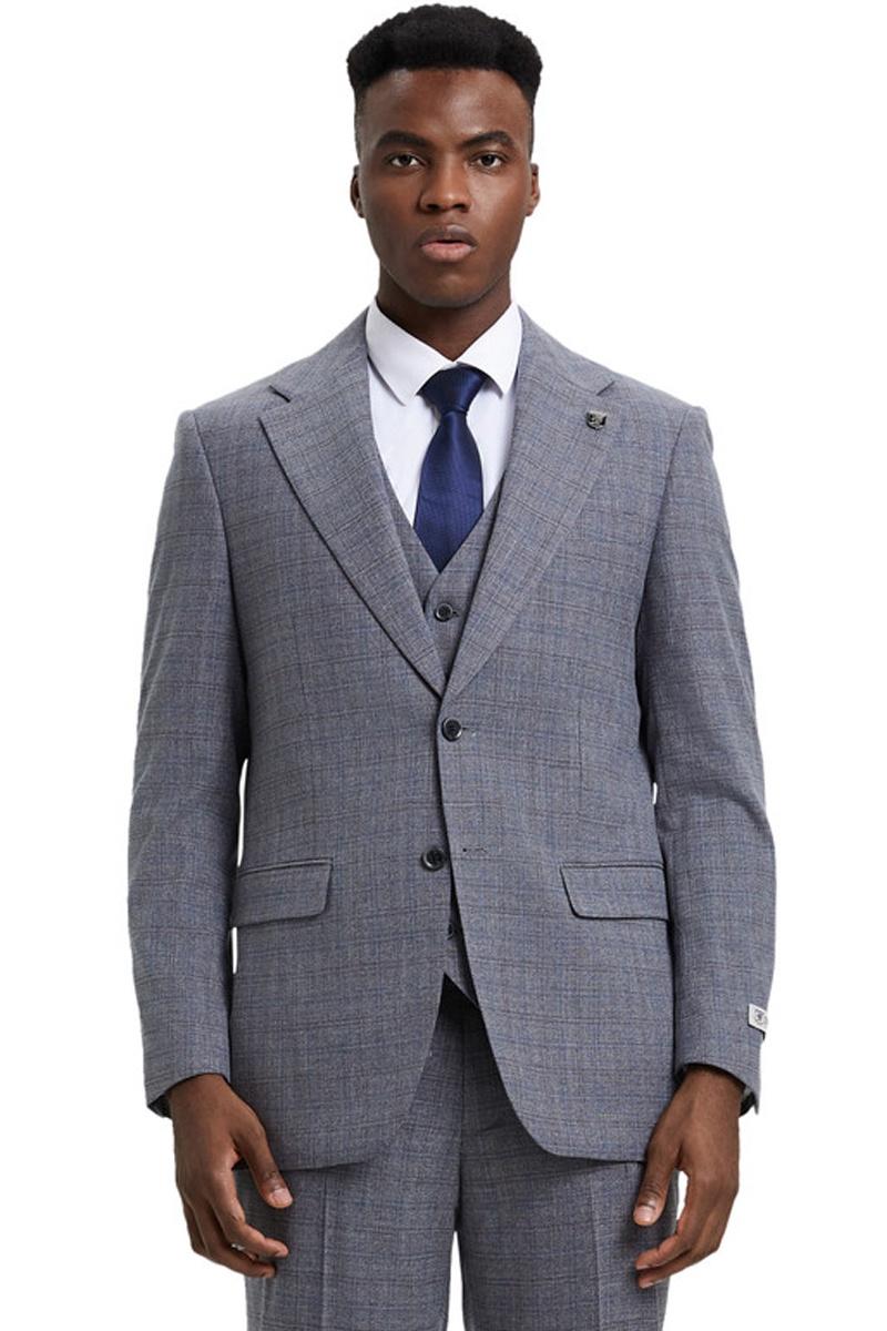 Men’s Stacy Adams Modern Fit Vested Suit in Light Grey Micro Check Plaid