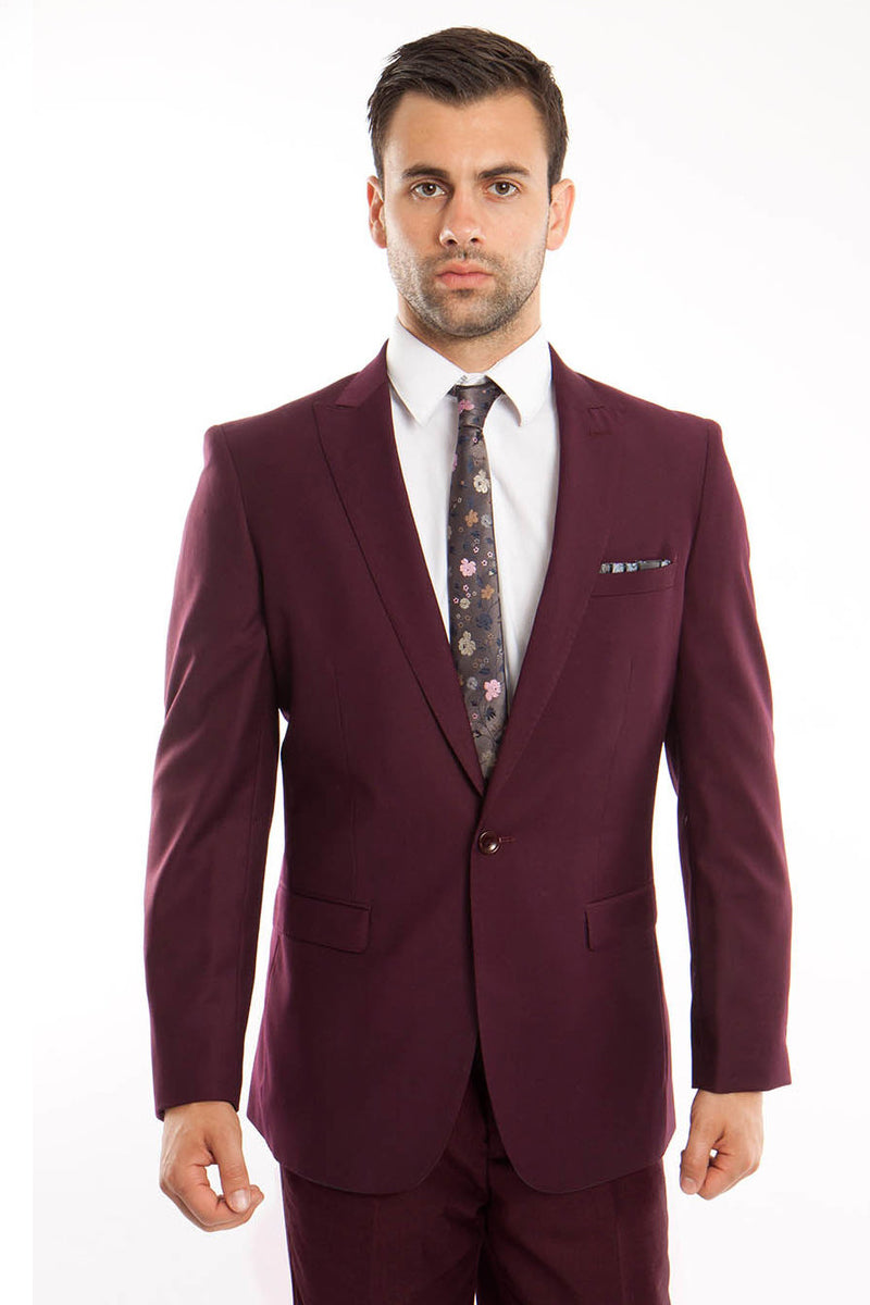 Men’s Slim Fit One Button Peak Lapel Suit in Burgundy