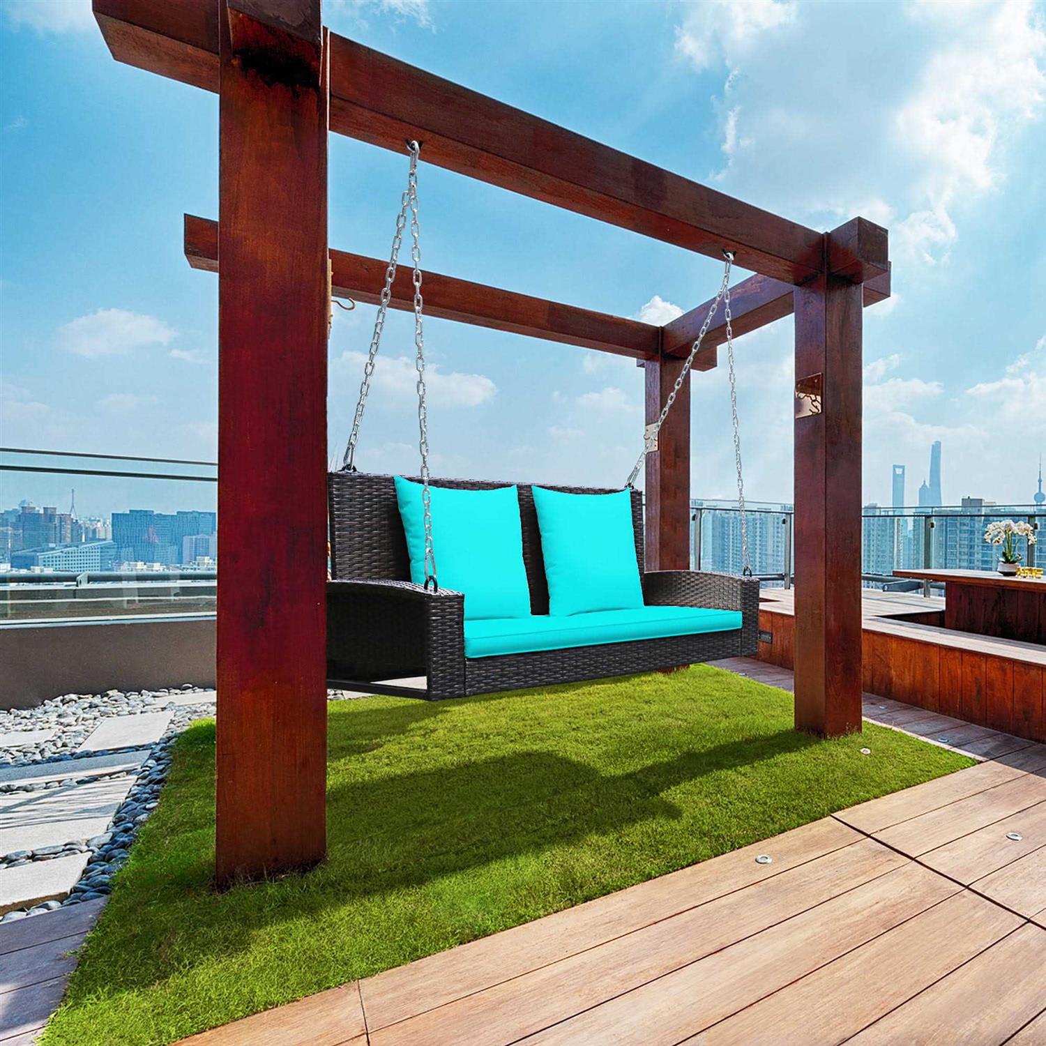 Costway 2-Person Patio Rattan Hanging Porch Swing Bench Chair Cushion